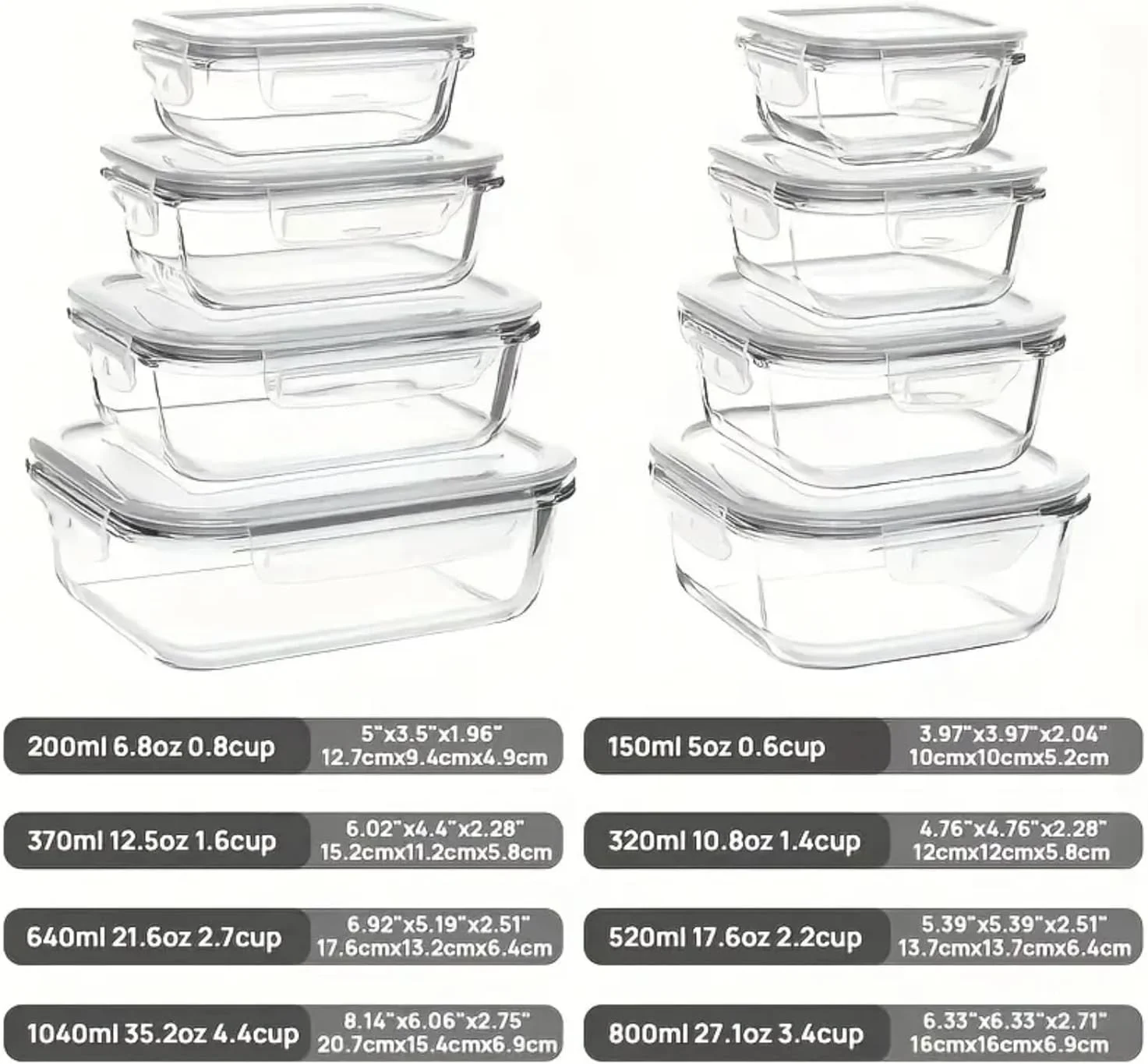 ظروف آماده سازی غذا شیشه ای 8 عددی - ظروف نگهداری مواد غذایی ایمن برای مایکروویو و فریزر با درب - ضد نشت، بدون BPA، ظروف ناهار قابل چیدن برای آقایان و بانوان