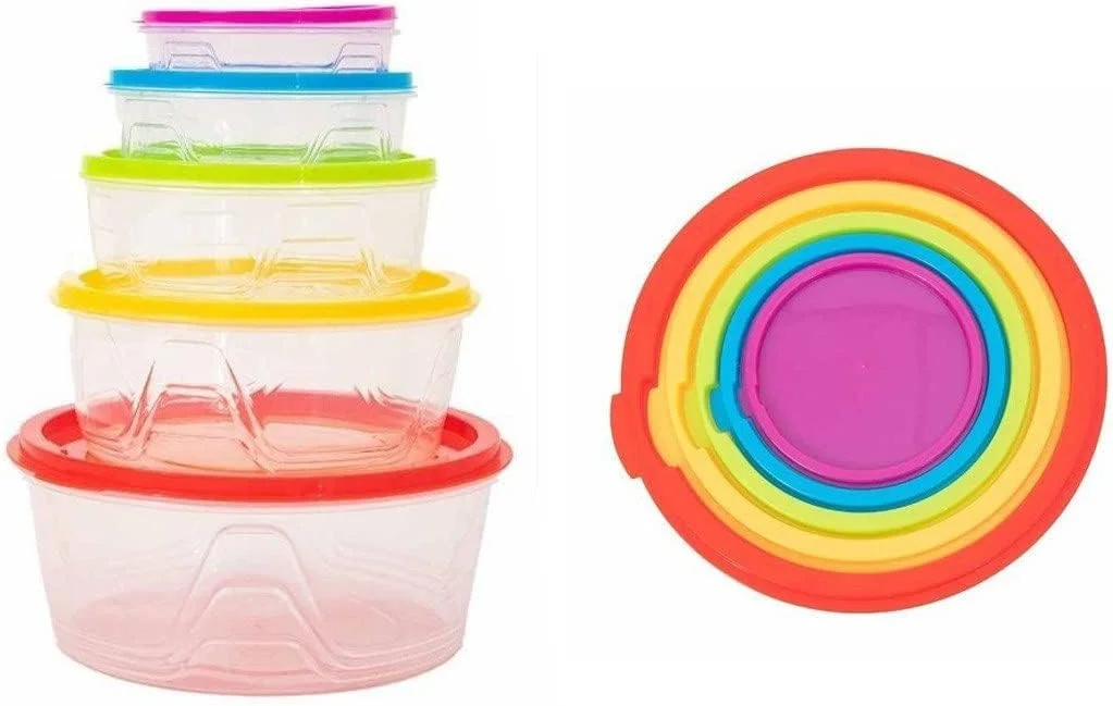 ظرف نگهداری مواد غذایی مارک کیو با درب های محکم، ست 5 تکه، جعبه پلاستیکی درب دار قابل چیدن برای نگهداری باقیمانده غذا، جعبه ناهار، ظروف آماده سازی غذا، گرد