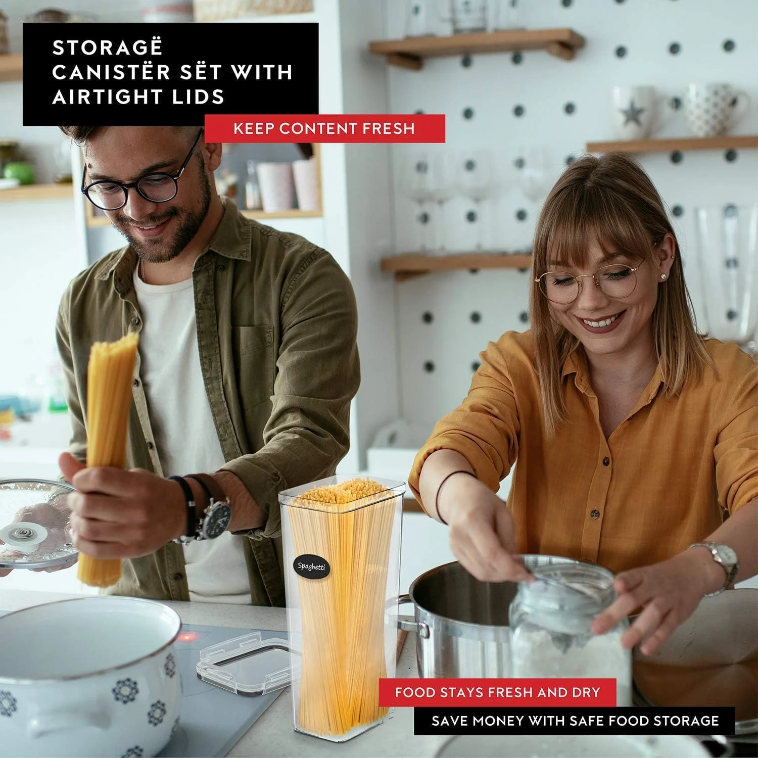 ظروف نگهداری مواد غذایی درب دار محکم MahMir، ظروف 2.8 لیتری پاستا برای سازماندهی و نگهداری مواد غذایی در انبار، ظروف نگهداری آشپزخانه بدون BPA برای اسپاگتی، آرد، شکر و رشته فرنگی، (بسته 4 عددی)