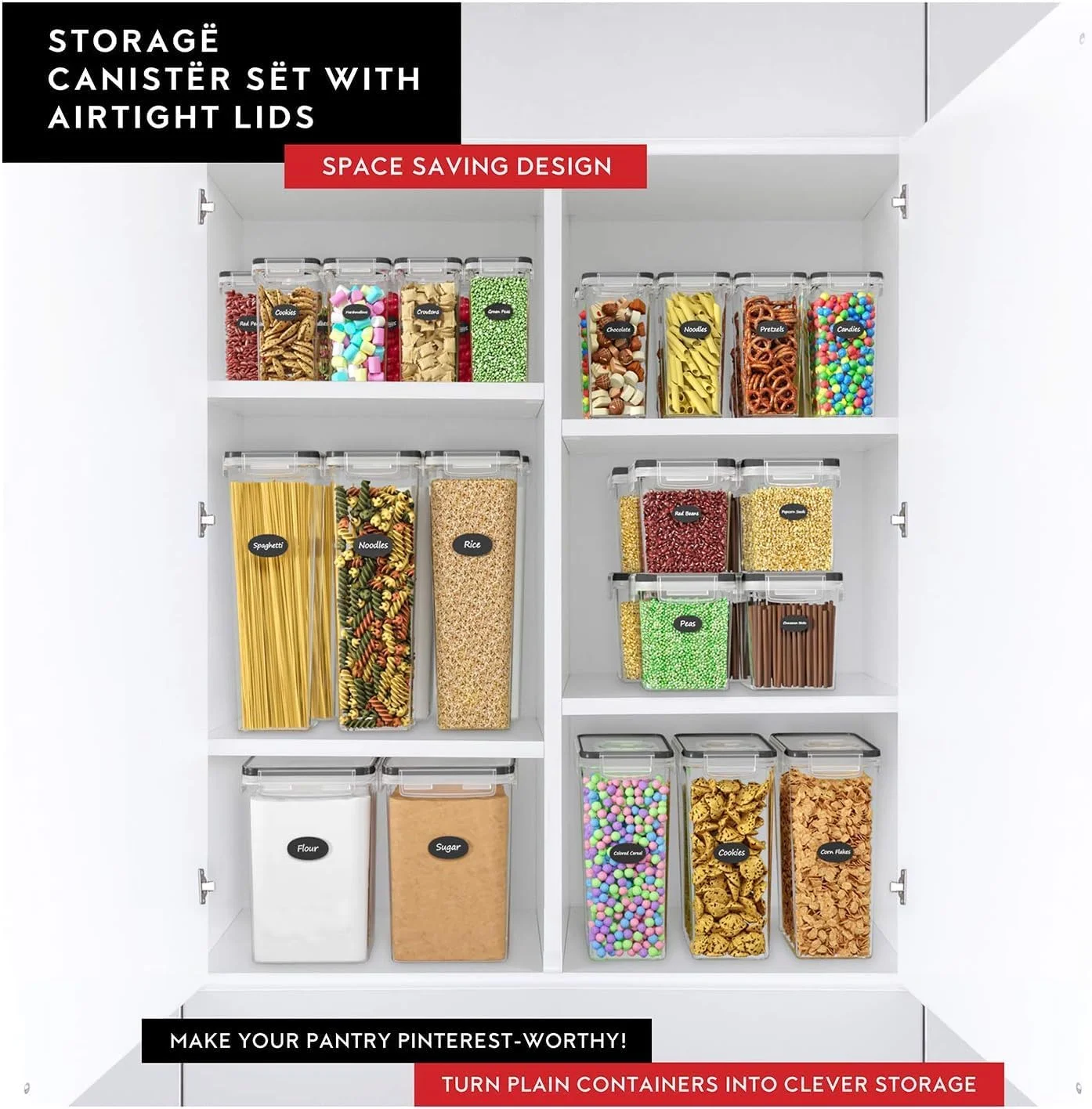 ظروف نگهداری مواد غذایی درب دار محکم MahMir، ظروف 2.8 لیتری پاستا برای سازماندهی و نگهداری مواد غذایی در انبار، ظروف نگهداری آشپزخانه بدون BPA برای اسپاگتی، آرد، شکر و رشته فرنگی، (بسته 4 عددی)