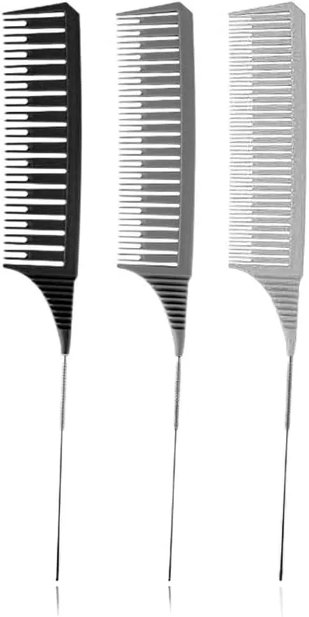 SKYPIA 3 Piece Professional Dyeing Hair Comb Set Highlight Combs for Hair Stylist Weaving Styling Brush Set with Long Stainless Steel Rat Tail Stylist Combs for Hair (Black & Grey)……