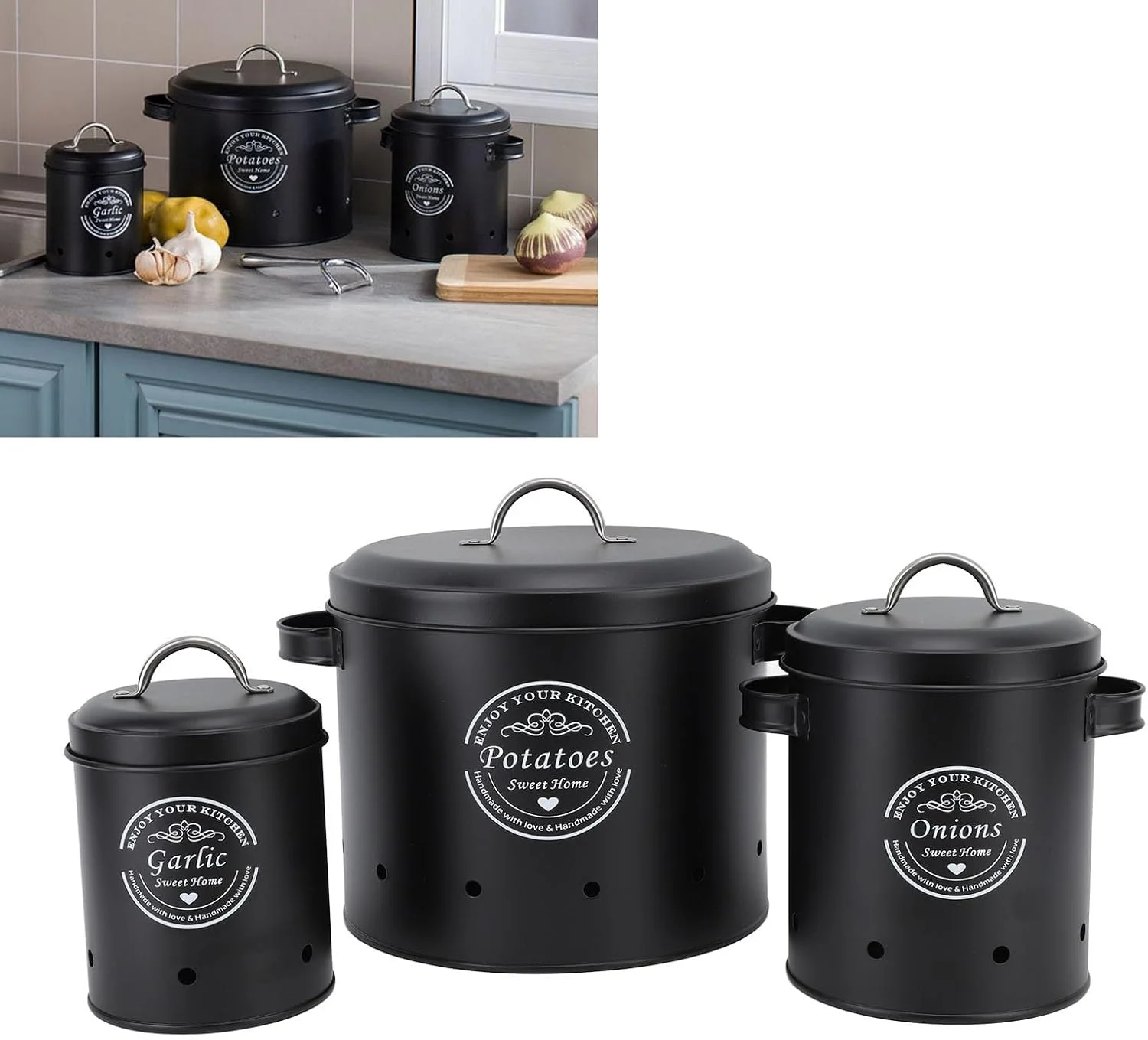 Luqeeg 3PCS Potato Onion Storage Bin, Carbon Steel Kitchen Storage Bins, Eco Friendly Potato Keeper Storage Container, Onion Storage Box for Kitchen Counter & More (Black)