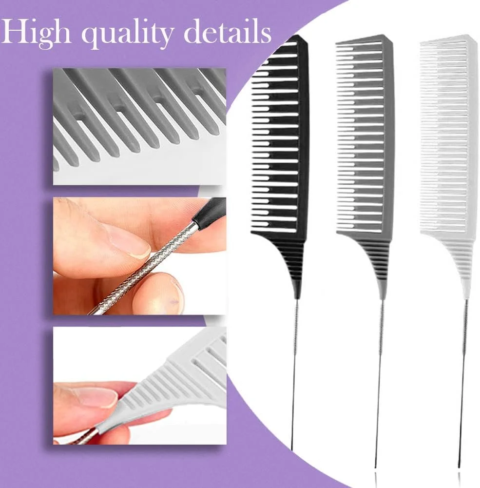 SKYPIA 3 Piece Professional Dyeing Hair Comb Set Highlight Combs for Hair Stylist Weaving Styling Brush Set with Long Stainless Steel Rat Tail Stylist Combs for Hair (Black & Grey)……