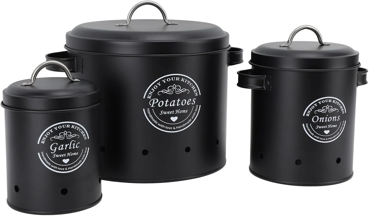 Luqeeg 3PCS Potato Onion Storage Bin, Carbon Steel Kitchen Storage Bins, Eco Friendly Potato Keeper Storage Container, Onion Storage Box for Kitchen Counter & More (Black)