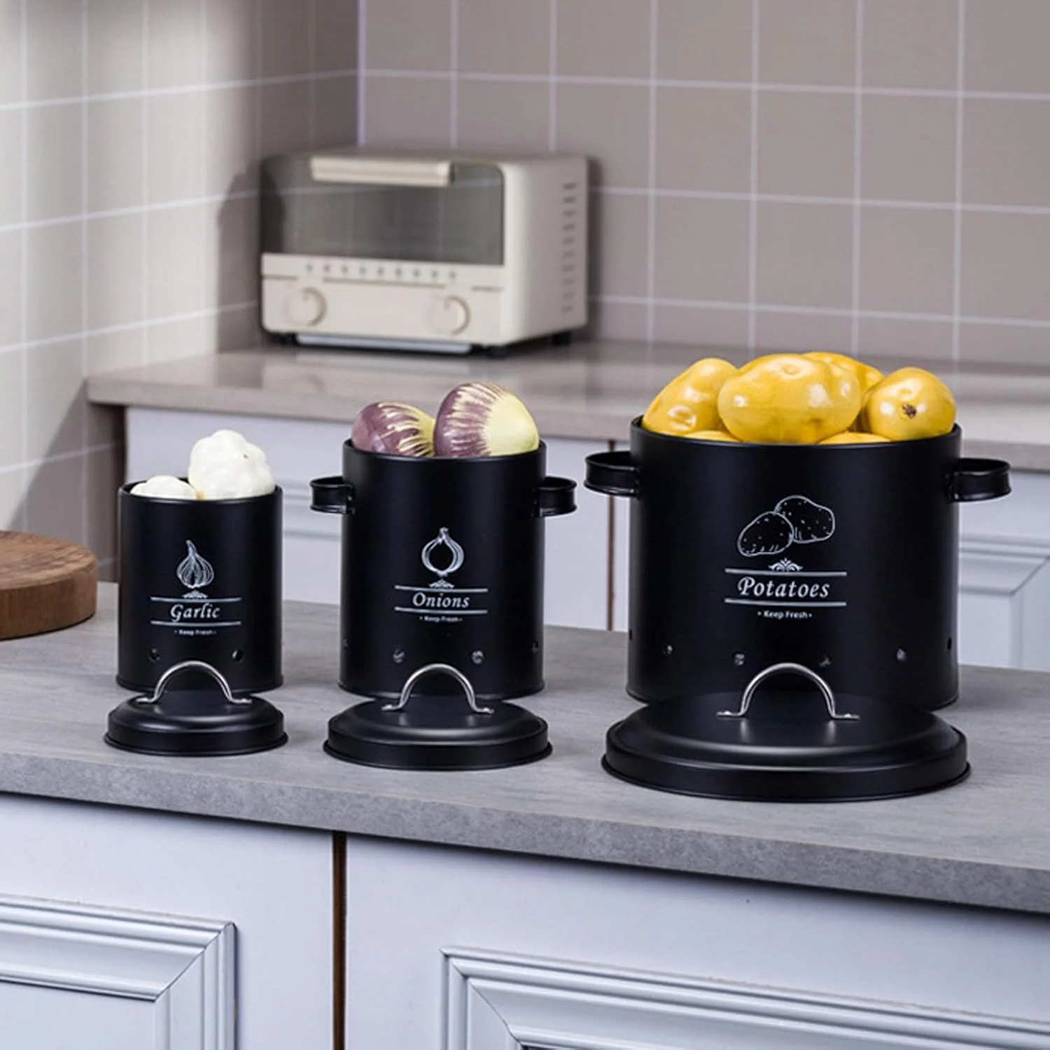 Luqeeg 3PCS Potato Onion Storage Bin, Carbon Steel Kitchen Storage Bins, Eco Friendly Potato Keeper Storage Container, Onion Storage Box for Kitchen Counter & More (Black)