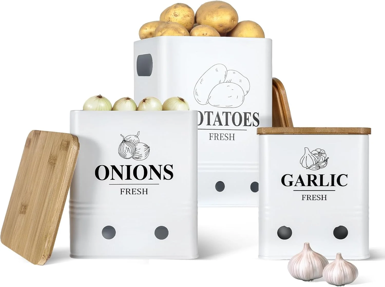 ست 3 تایی ظروف نگهداری سیب زمینی، پیاز و سیر Lemecima، ظروف فلزی تهویه دار با درب بامبو - سطل سیب زمینی و پیاز برای انبار، ظروف سبزیجات آشپزخانه، ست 3 تایی ظروف فلزی زیبای سبزیجات