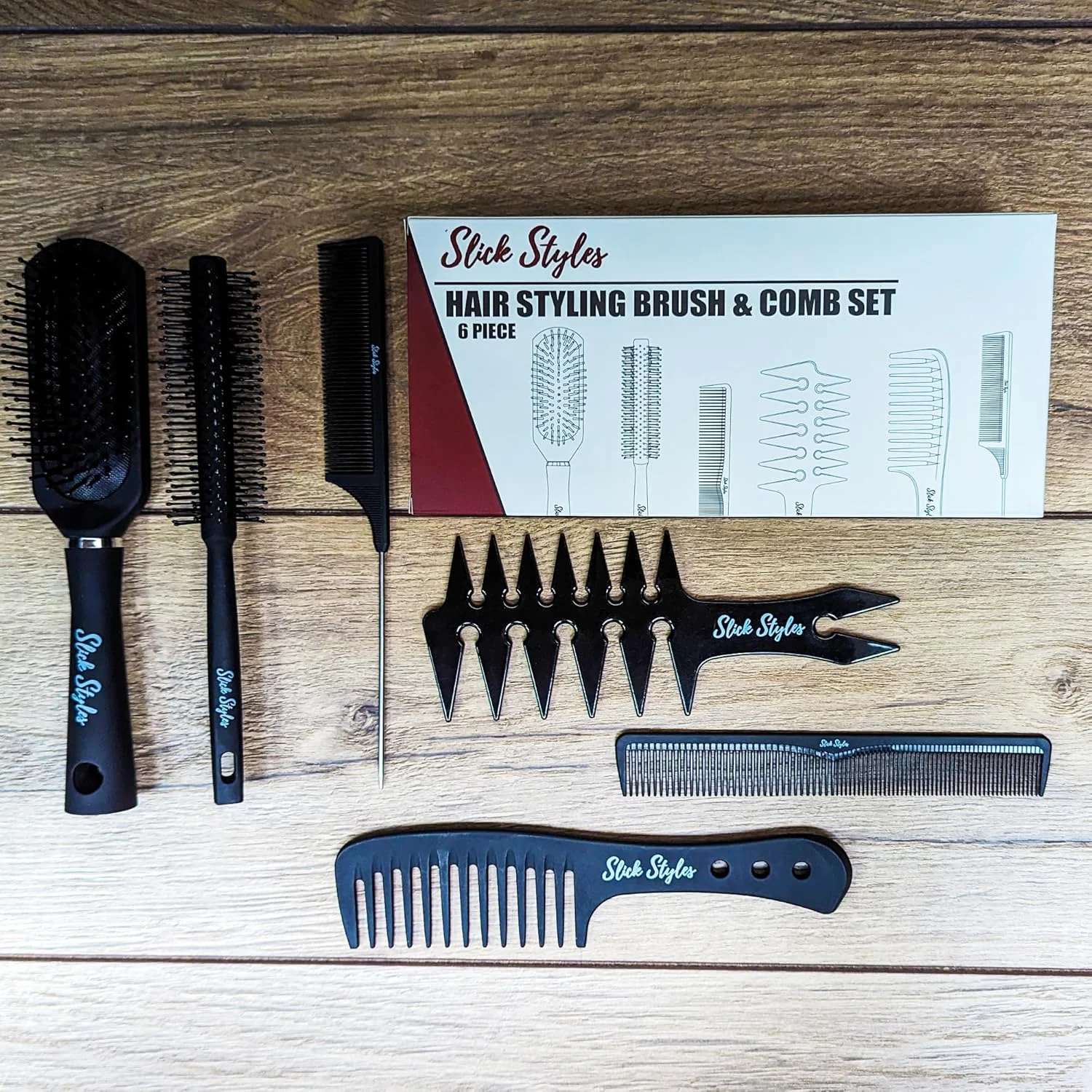 ست برس مو و شانه مو 6 تکه اسلیک استایلز برای حالت دادن مو، ست برس مو مردانه شامل شانه دندانه پهن، برس پارویی، شانه دم موشی، شانه بافت، شانه برش و غلتک کوئیف