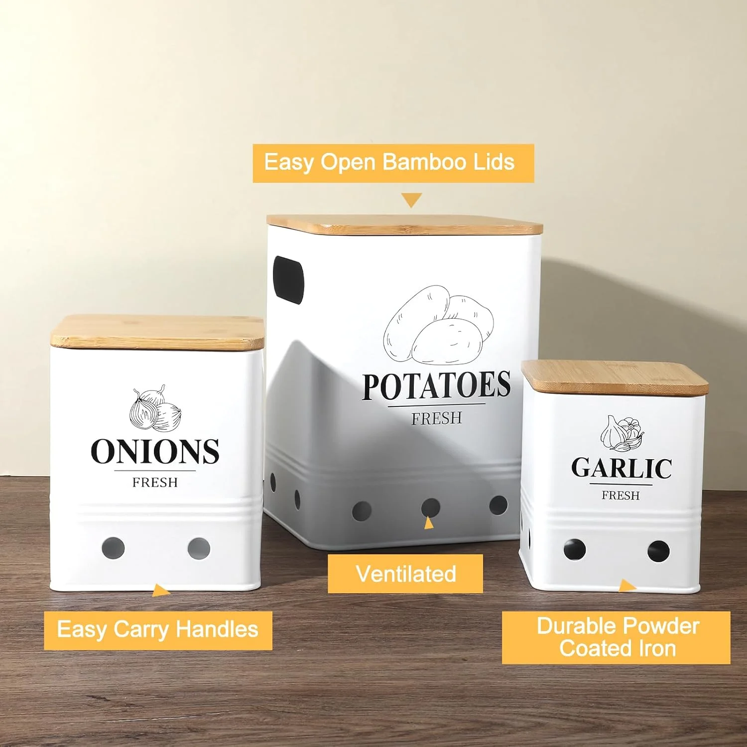 ست 3 تایی ظروف نگهداری سیب زمینی، پیاز و سیر Lemecima، ظروف فلزی تهویه دار با درب بامبو - سطل سیب زمینی و پیاز برای انبار، ظروف سبزیجات آشپزخانه، ست 3 تایی ظروف فلزی زیبای سبزیجات