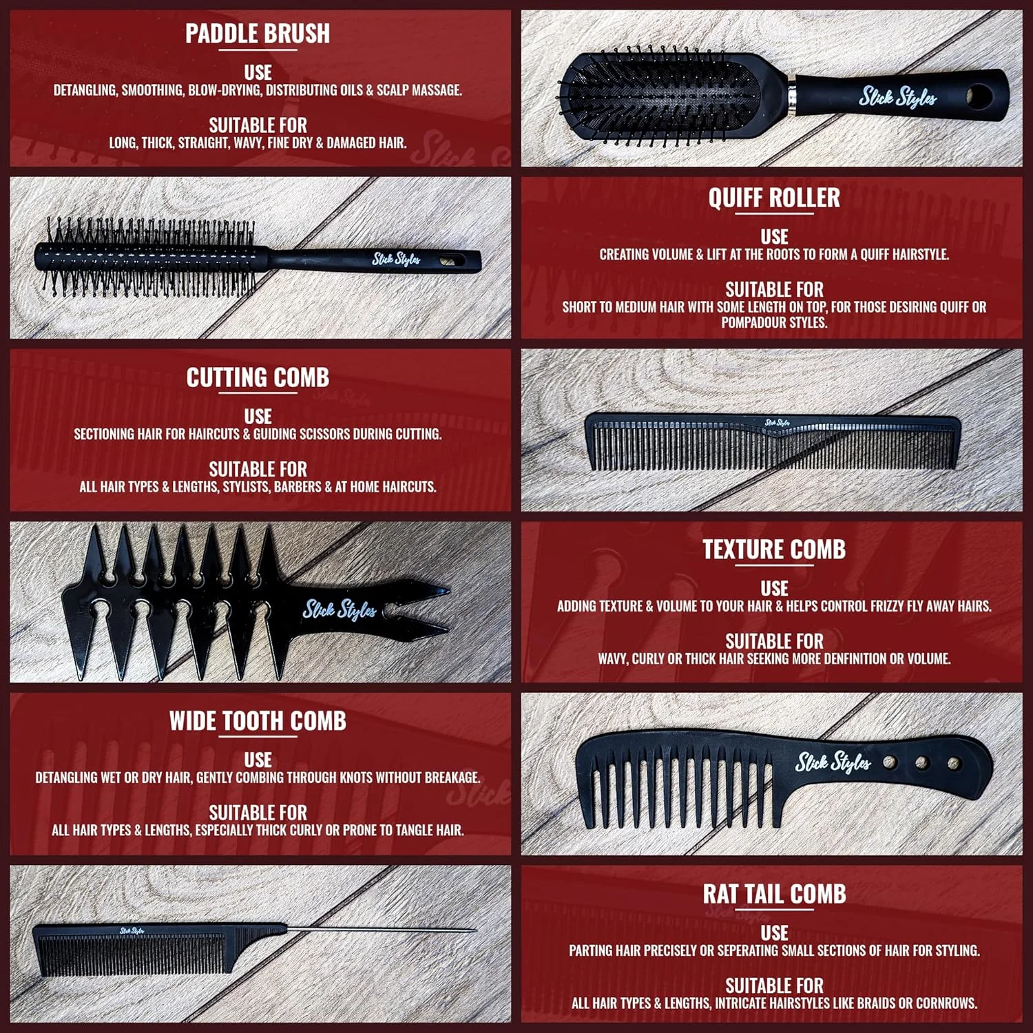 ست برس مو و شانه مو 6 تکه اسلیک استایلز برای حالت دادن مو، ست برس مو مردانه شامل شانه دندانه پهن، برس پارویی، شانه دم موشی، شانه بافت، شانه برش و غلتک کوئیف