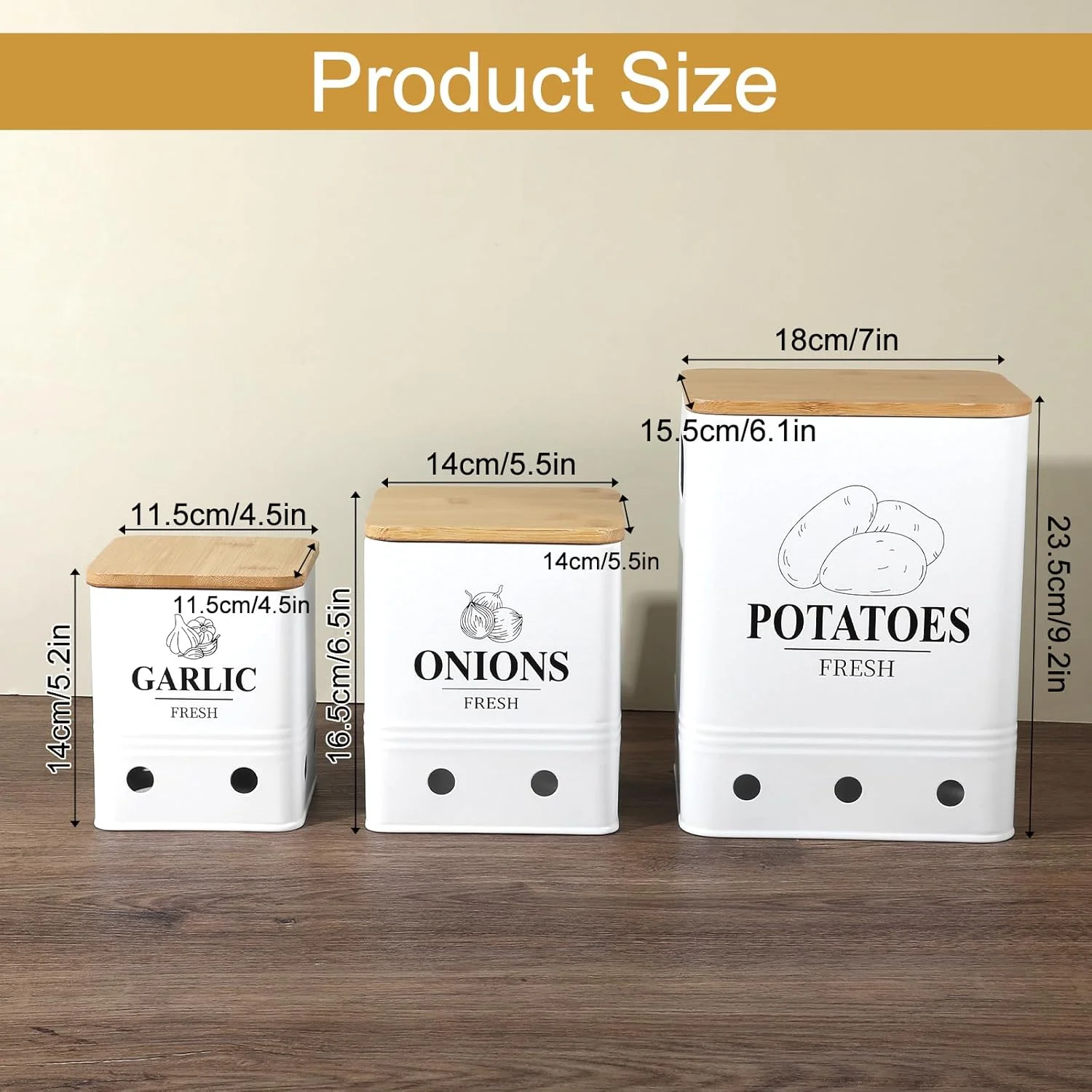 ست 3 تایی ظروف نگهداری سیب زمینی، پیاز و سیر Lemecima، ظروف فلزی تهویه دار با درب بامبو - سطل سیب زمینی و پیاز برای انبار، ظروف سبزیجات آشپزخانه، ست 3 تایی ظروف فلزی زیبای سبزیجات