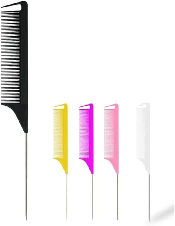 شانه دم موشی شویلینگ 5 عددی، چند رنگ، شانه جداکننده سوزنی فولادی، ضد الکتریسیته ساکن، مقاوم در برابر حرارت، شانه دم باریک برش فیبر کربنی فلزی با دندانه های ظریف برای آرایشگری، حالت دادن مو، سالن و منزل