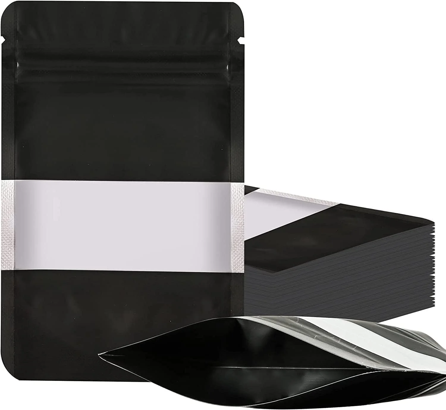 لازیمن اینک 100 عدد کیسه مایلار ضد بو، کیسه های ذخیره سازی مواد غذایی قابل باز و بسته شدن با پنجره شفاف، کیسه های ایستاده فویلی برای لوازم ذخیره سازی مواد غذایی خود آب بندی (مشکی، 13.46 در 19.81 سانتی متر)