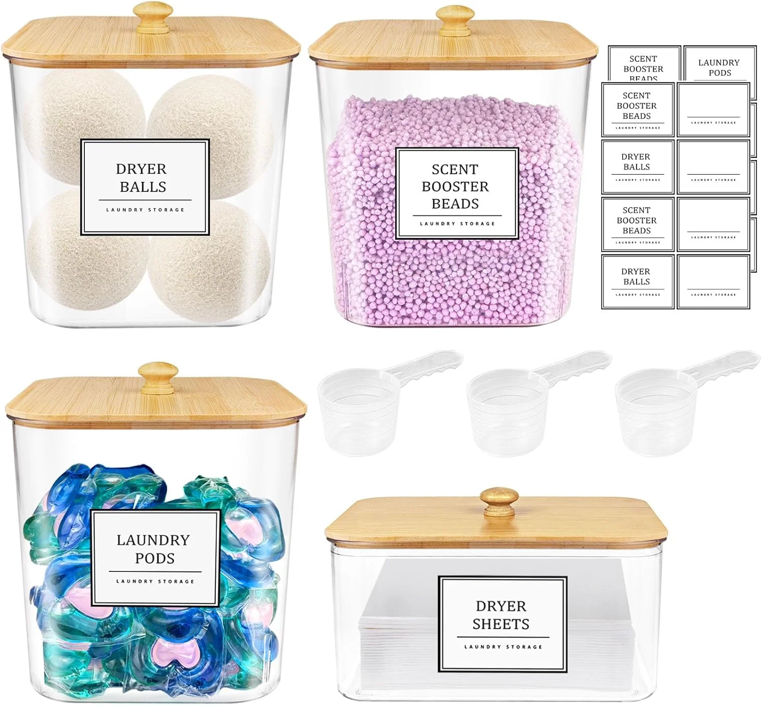 ست ظروف 4 عددی برای پودر لباسشویی، ظروف شفاف سازماندهی اتاق لباسشویی، ظروف بزرگ نگهداری پودر لباسشویی با درب چوبی و برچسب، نگهدارنده پودر لباسشویی برای خوشبو کننده، پودر و قرص