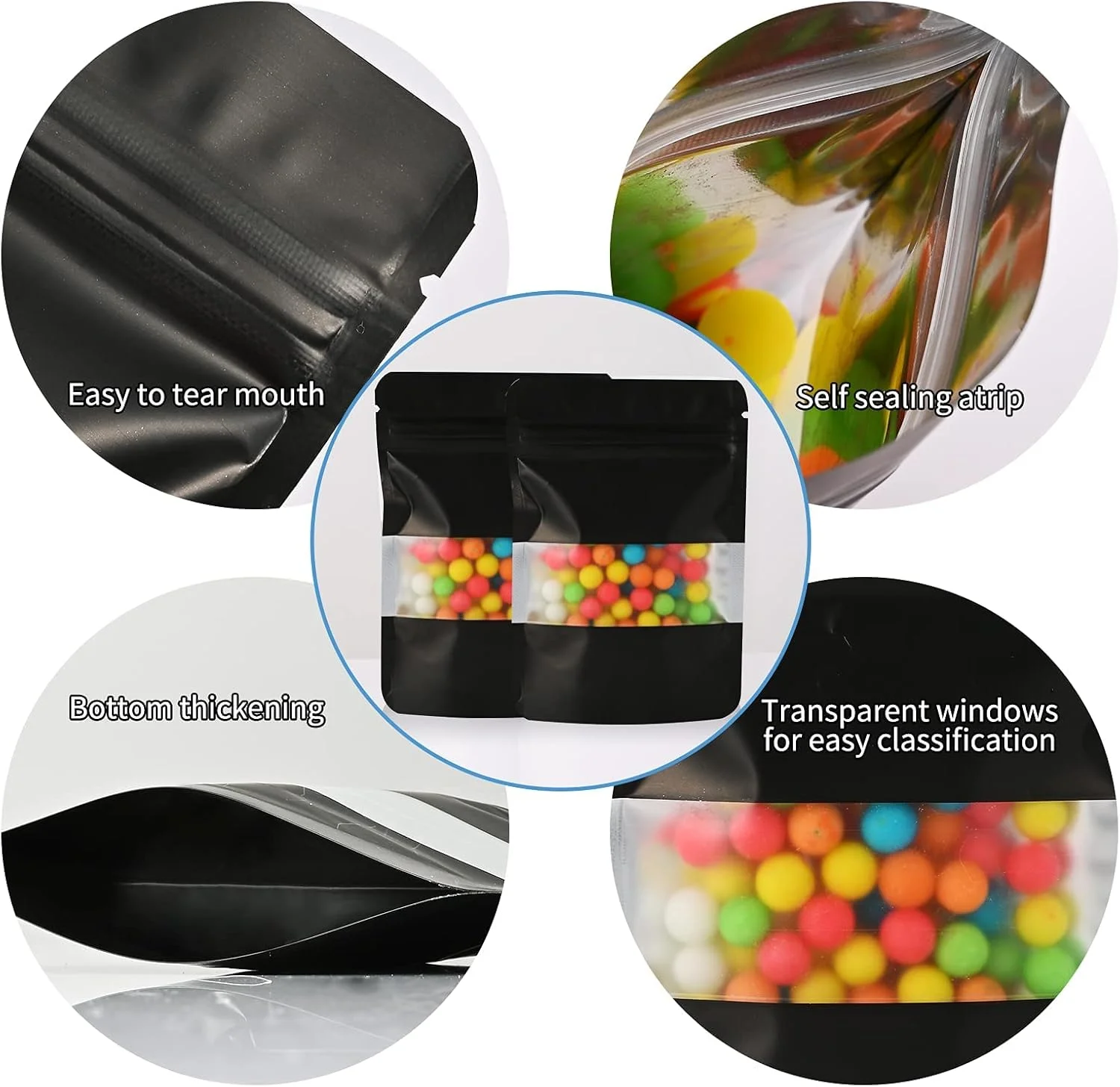 لازیمن اینک 100 عدد کیسه مایلار ضد بو، کیسه های ذخیره سازی مواد غذایی قابل باز و بسته شدن با پنجره شفاف، کیسه های ایستاده فویلی برای لوازم ذخیره سازی مواد غذایی خود آب بندی (مشکی، 13.46 در 19.81 سانتی متر)