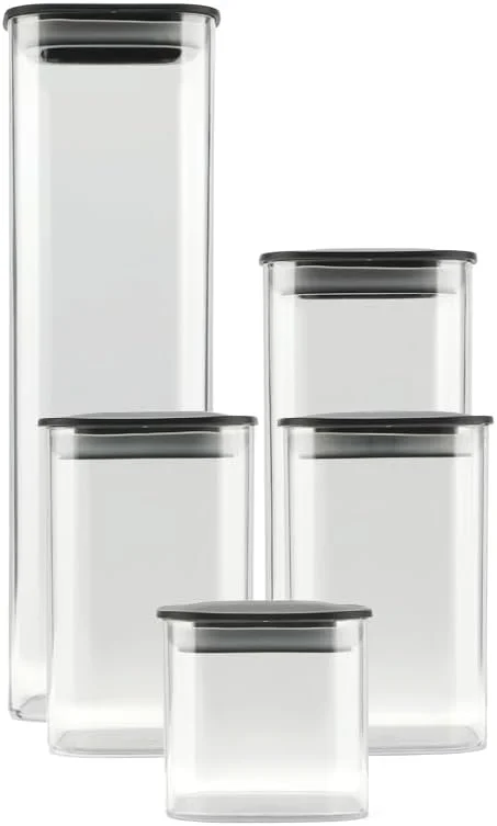 ظرف نگهداری مواد غذایی شفاف کلیز، بسته 5 عددی، درب پلاستیکی مشکی با کیفیت بالا و مهر و موم خلاء برای اطمینان از تازگی. سازماندهی انبار. مناسب برای نگهداری پاستا، شکر، آرد، غلات و حبوبات. استوانه ایستاده