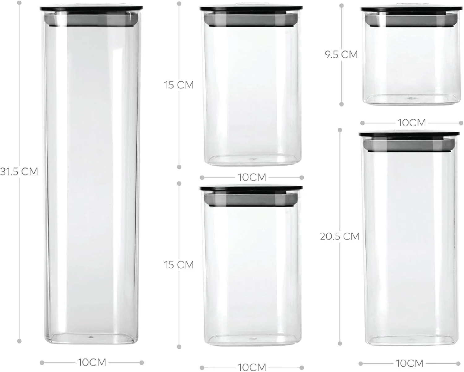 ظرف نگهداری مواد غذایی شفاف کلیز، بسته 5 عددی، درب پلاستیکی مشکی با کیفیت بالا و مهر و موم خلاء برای اطمینان از تازگی. سازماندهی انبار. مناسب برای نگهداری پاستا، شکر، آرد، غلات و حبوبات. استوانه ایستاده