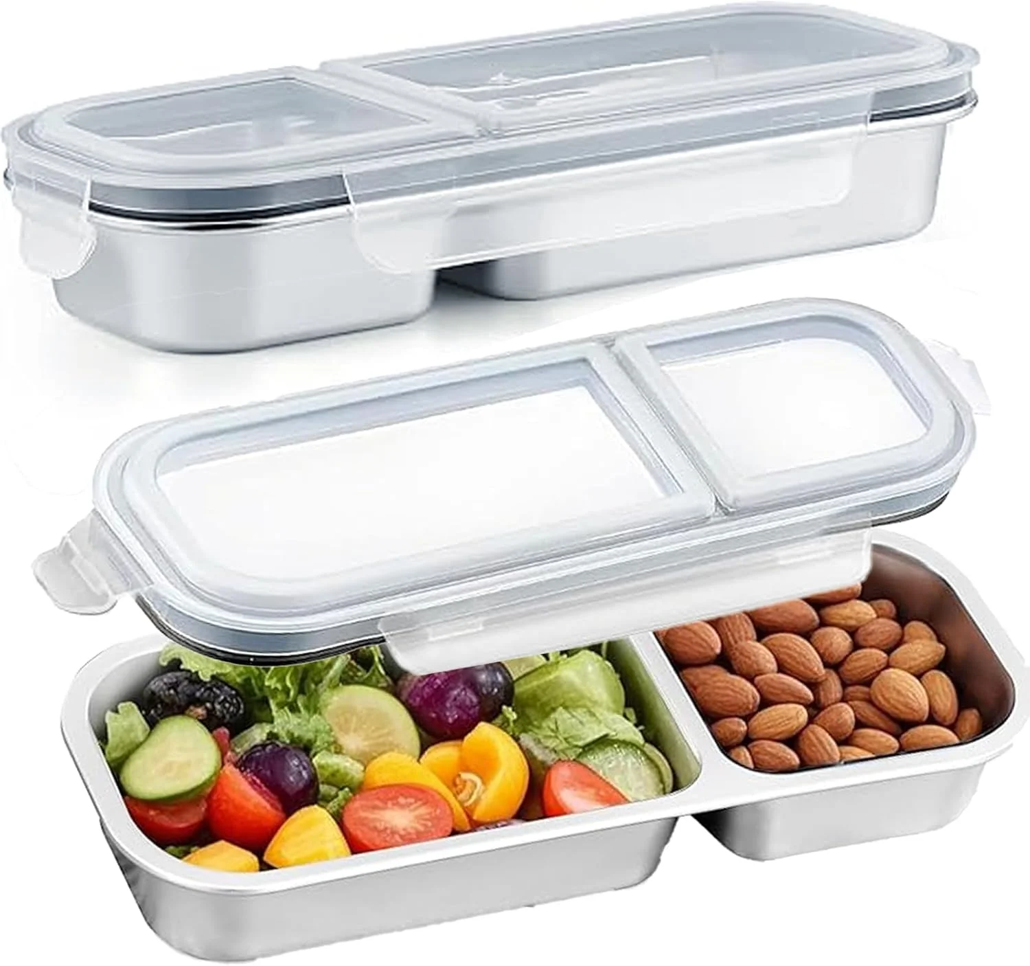 ظروف غذای استیل کوکومجی 2 عددی با درب، جعبه تقسیم دار اسنک، ظرف غذای ضد نشت با درب برای مدرسه، خانه، مسافرت (سفید)