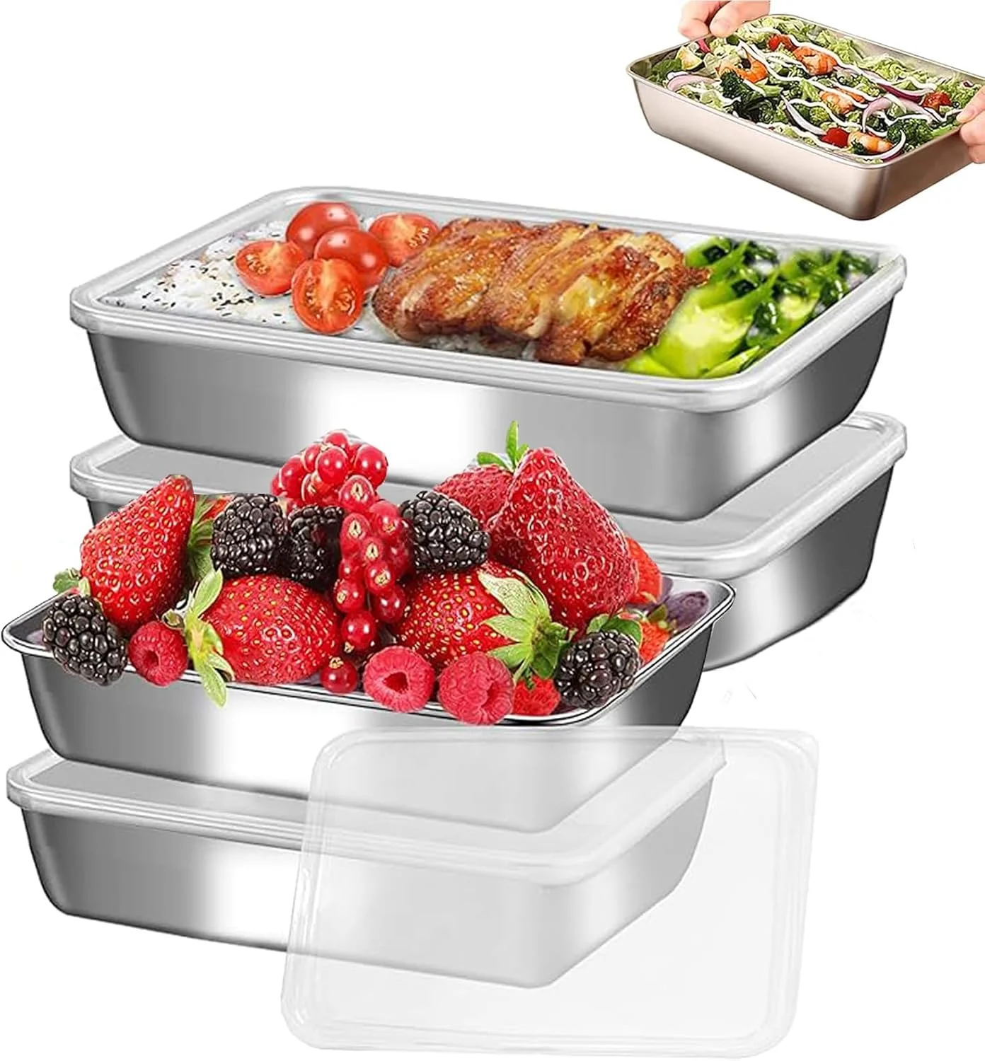 ظروف غذای استیل ضد زنگ KUKUMAJI با درب های محکم، سینی ها و ظروف فریزر برای اسنک و غذا، ظروف قابل استفاده مجدد (4 عدد)