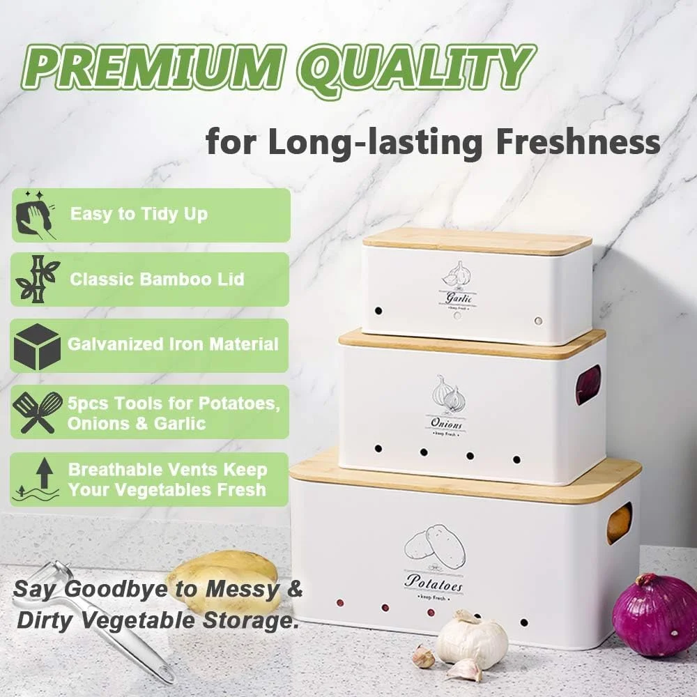 ست 8 تکه ظروف نگهداری سبزیجات آشپزخانه، سطل نگهداری سیب زمینی، پیاز و سیر به همراه پوست کن، ورقه کن، پوره ساز، سیر له کن و دستمال، جعبه نگهداری سیب زمینی فولاد کربنی با جریان هوا و درب چوبی (سفید)