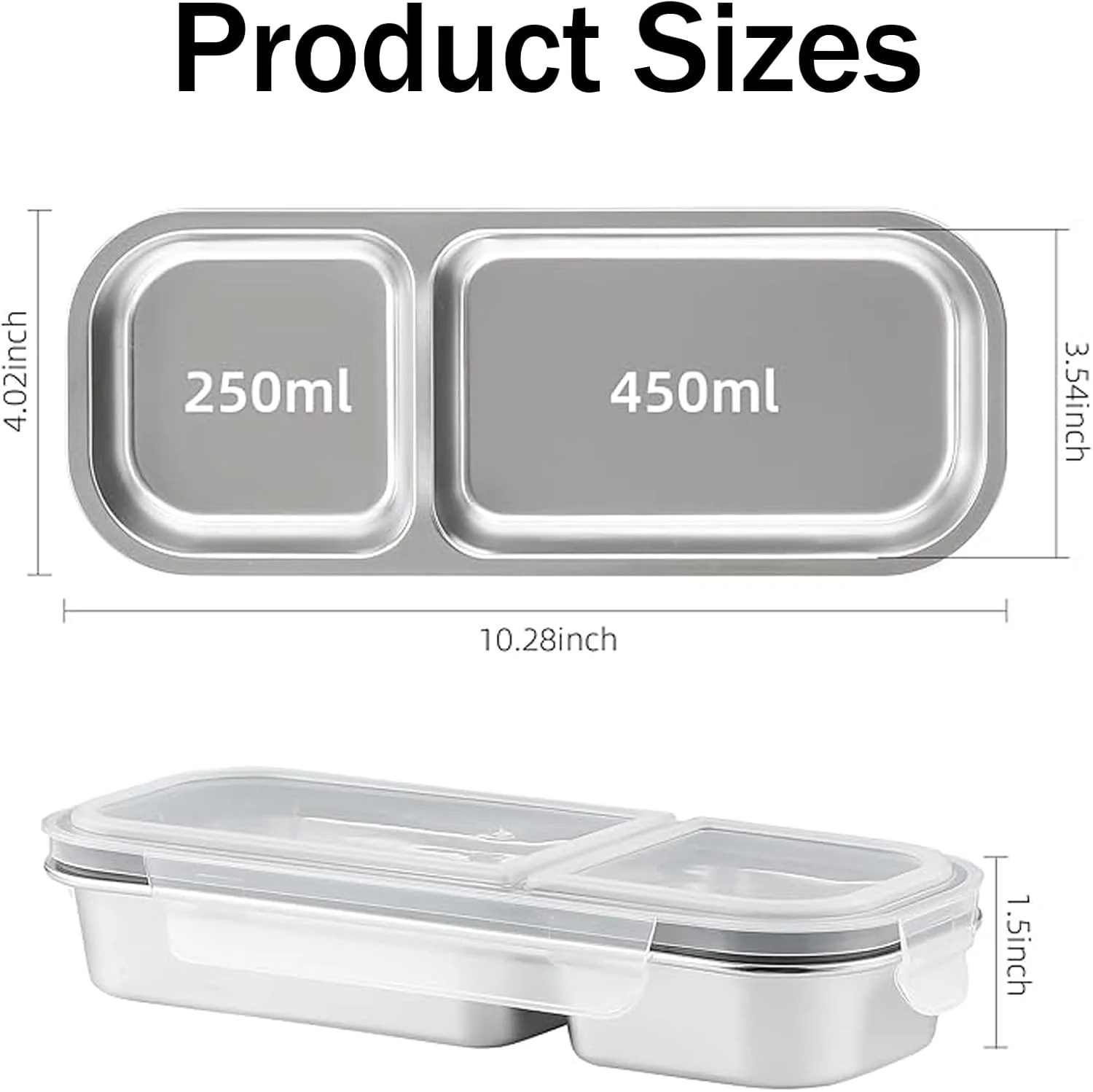 ظروف غذای استیل کوکومجی 2 عددی با درب، جعبه تقسیم دار اسنک، ظرف غذای ضد نشت با درب برای مدرسه، خانه، مسافرت (سفید)