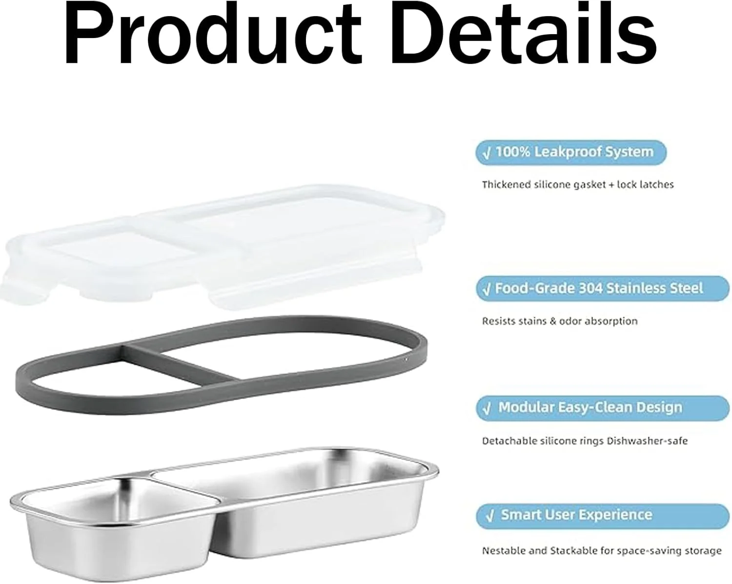 ظروف غذای استیل کوکومجی 2 عددی با درب، جعبه تقسیم دار اسنک، ظرف غذای ضد نشت با درب برای مدرسه، خانه، مسافرت (سفید)