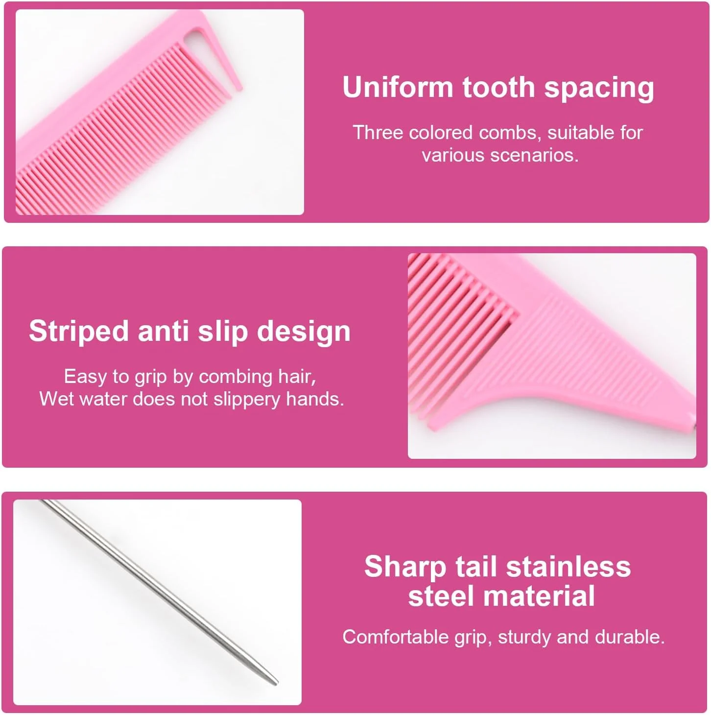 مجموعه 3 عددی شانه های دسته دار حرفه ای، مجموعه شانه پوش دهنده مو آنتی استاتیک، شانه دم باریک برای حالت دادن به مو، موهای بافته شده، شانه نایلونی + استیل ضد زنگ برای استفاده در سالن و منزل، مقاوم در برابر حرارت