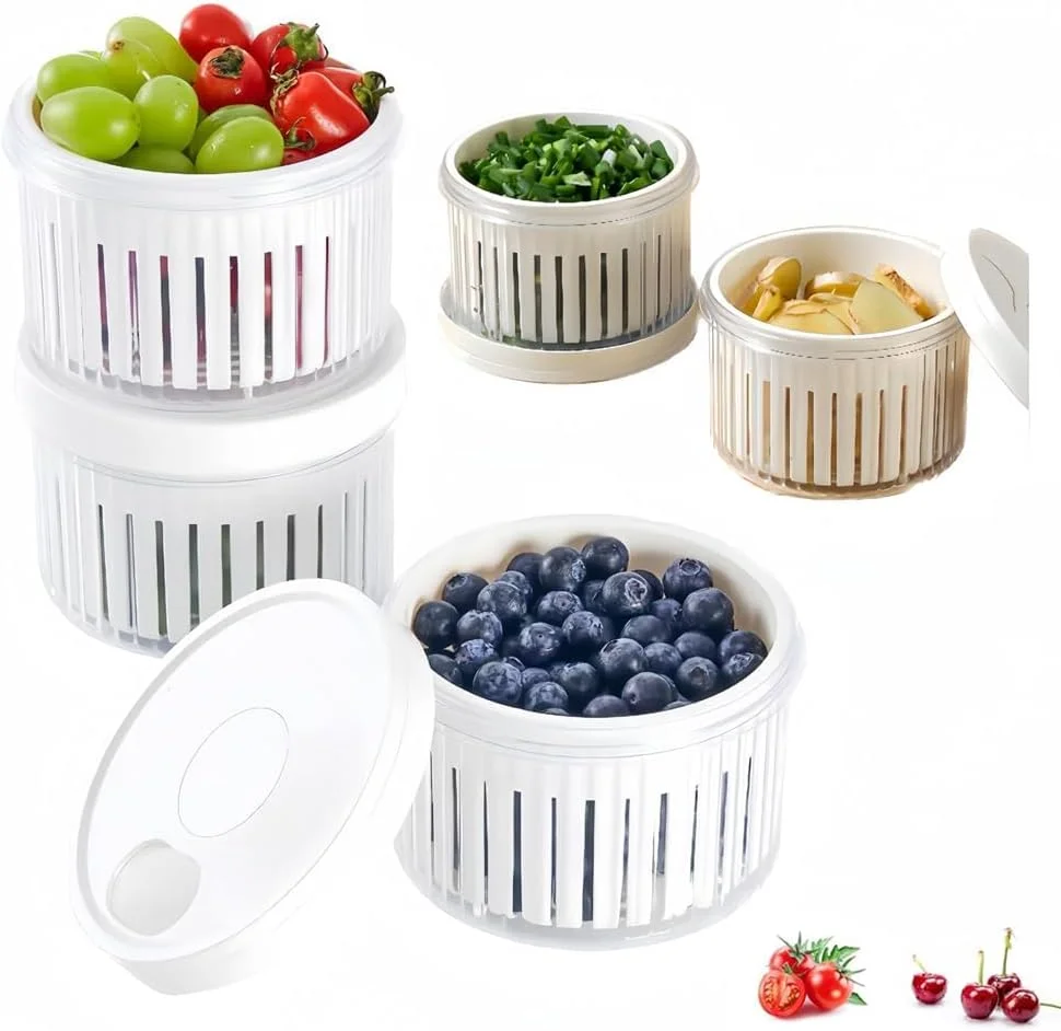 ظروف نگهداری توت خزنا، بسته 3 عددی ظروف نگهداری میوه برای یخچال با درب، محافظ میوه و سبزیجات با سبد صافی جداشدنی، جعبه نگهداری پیازچه، نگهدارنده تازه برای پیازچه، زنجبیل، سیر