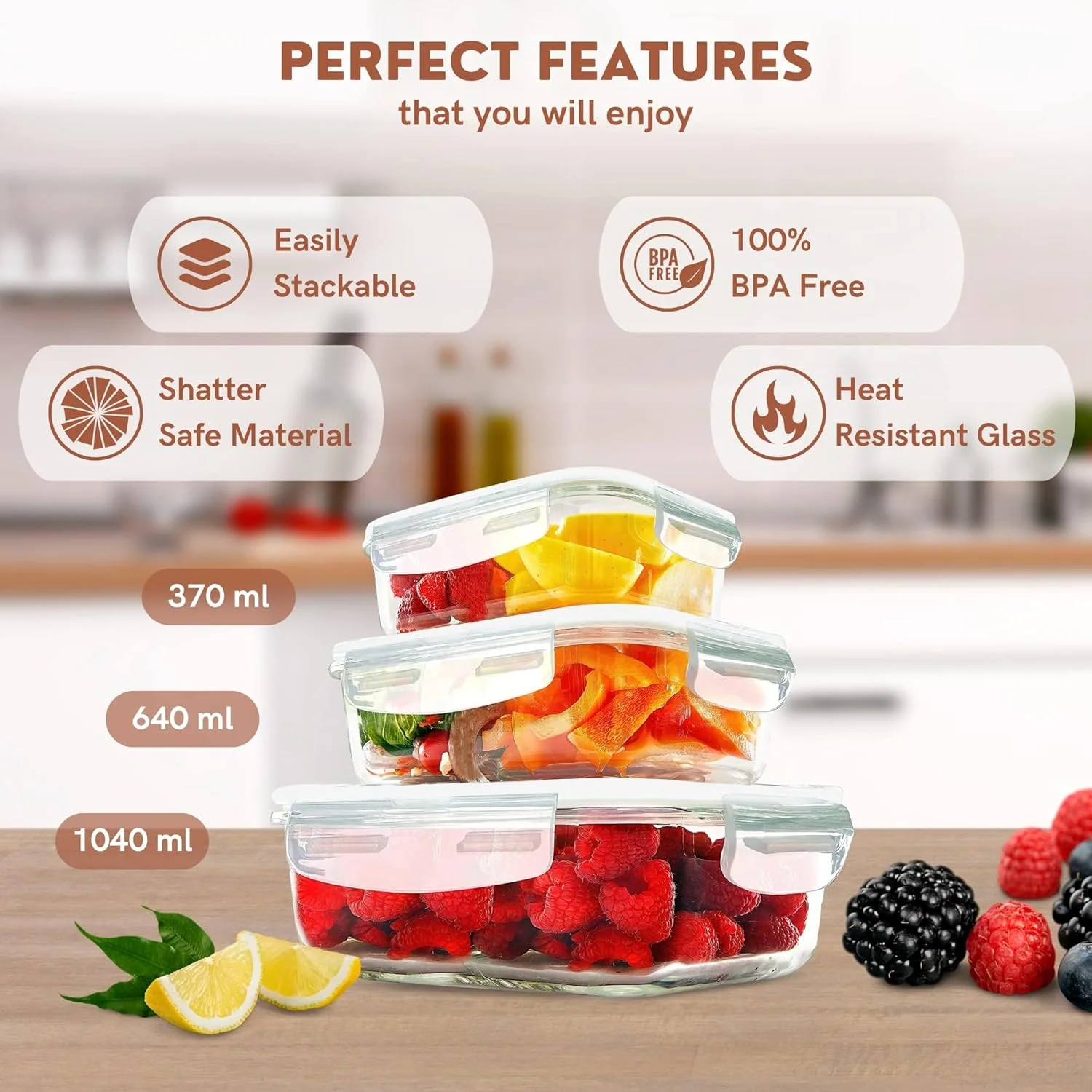 ظروف شیشه ای آماده سازی غذا برای آشپزخانه [بسته 3 عددی] با درب های قفل شونده بادوام، قابل استفاده در مایکروویو/فر/فریزر و ماشین ظرفشویی، رنگ های متنوع
