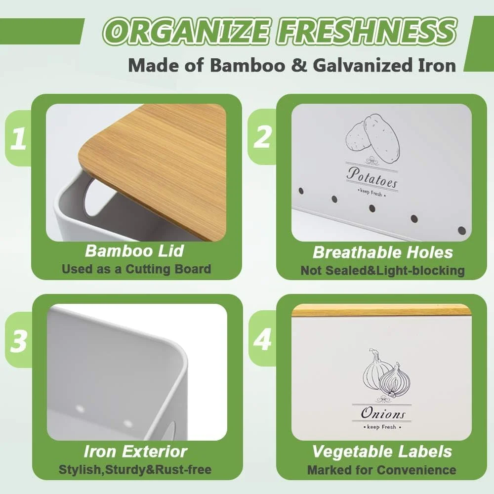 ست 8 تکه ظروف نگهداری سبزیجات آشپزخانه، سطل نگهداری سیب زمینی، پیاز و سیر به همراه پوست کن، ورقه کن، پوره ساز، سیر له کن و دستمال، جعبه نگهداری سیب زمینی فولاد کربنی با جریان هوا و درب چوبی (سفید)