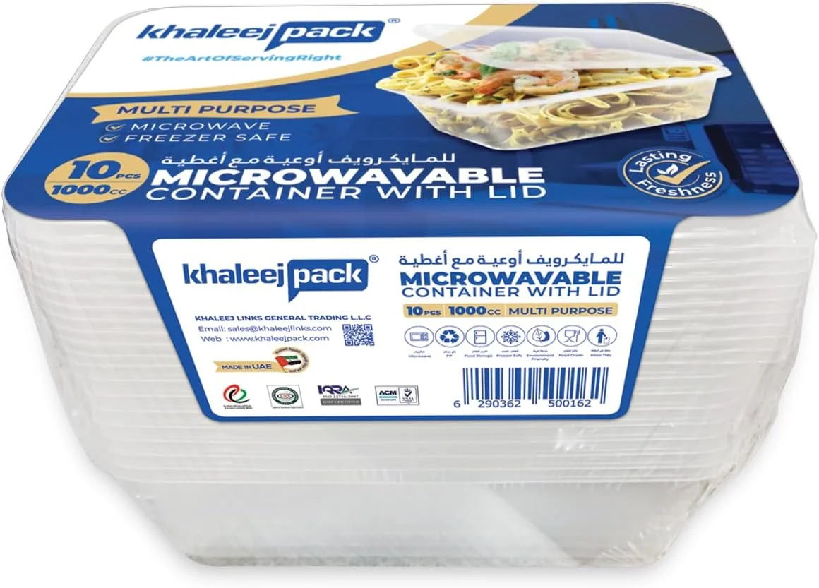 ظرف یکبار مصرف خلیج پک با درب کاسه ای برای غذا - 1000 میلی لیتر بسته 10 عددی مستطیلی پلاستیکی مناسب مایکروویو فریزر سوپ آشپزخانه