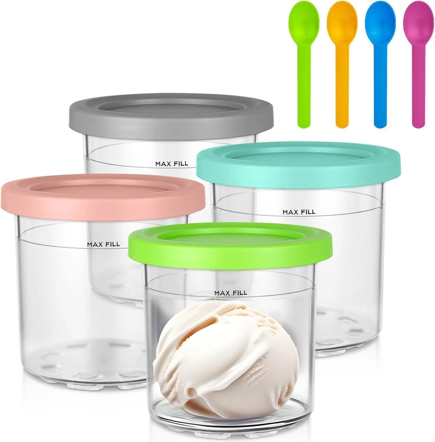 ظروف جایگزین کرمی نینجا جانیا بسته 4 عددی، پیمانه های 473 میلی لیتری با درب - سازگار با سری Ninja NC299AMZ و NC300، فنجان های بستنی قابل شستشو در ماشین ظرفشویی (473 میلی لیتر)