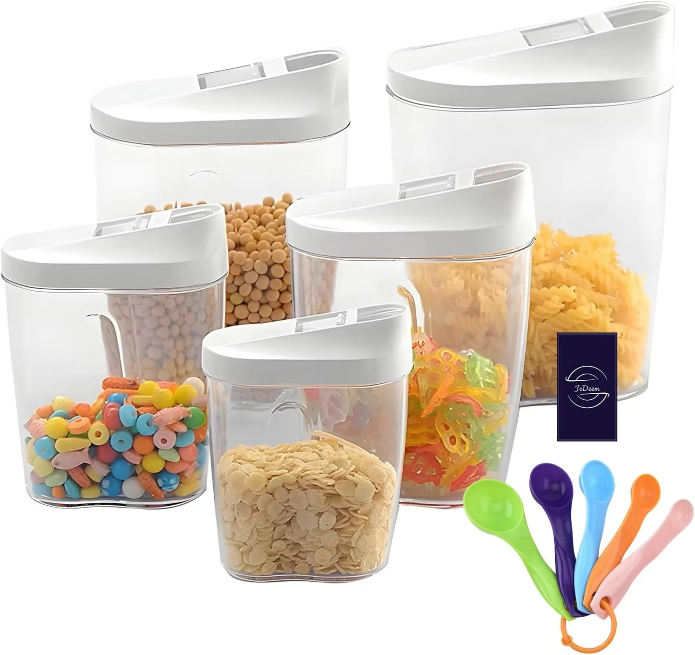 ست 5 تکه ظروف نگهداری مواد غذایی JeDeem با قاشق های اندازه گیری - ظروف پلاستیکی بدون BPA برای نگهداری در آشپزخانه، ظرف غلات با قابلیت تقسیم آسان برای غلات، تنقلات و موارد دیگر