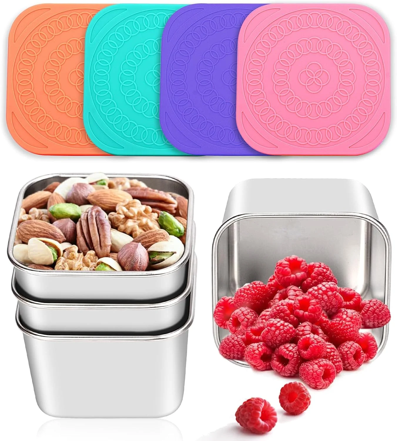 ظروف اسنک استیل هالدین، بسته 4 عددی، مناسب کودکان، با درب سیلیکونی، ظروف نگهداری اسنک فلزی تقسیم‌بندی شده ضد نشت، باز شدن آسان، قابل چیدن، جعبه ناهار کوچک برای مهد کودک، مسافرت مدرسه (177 میلی لیتر)