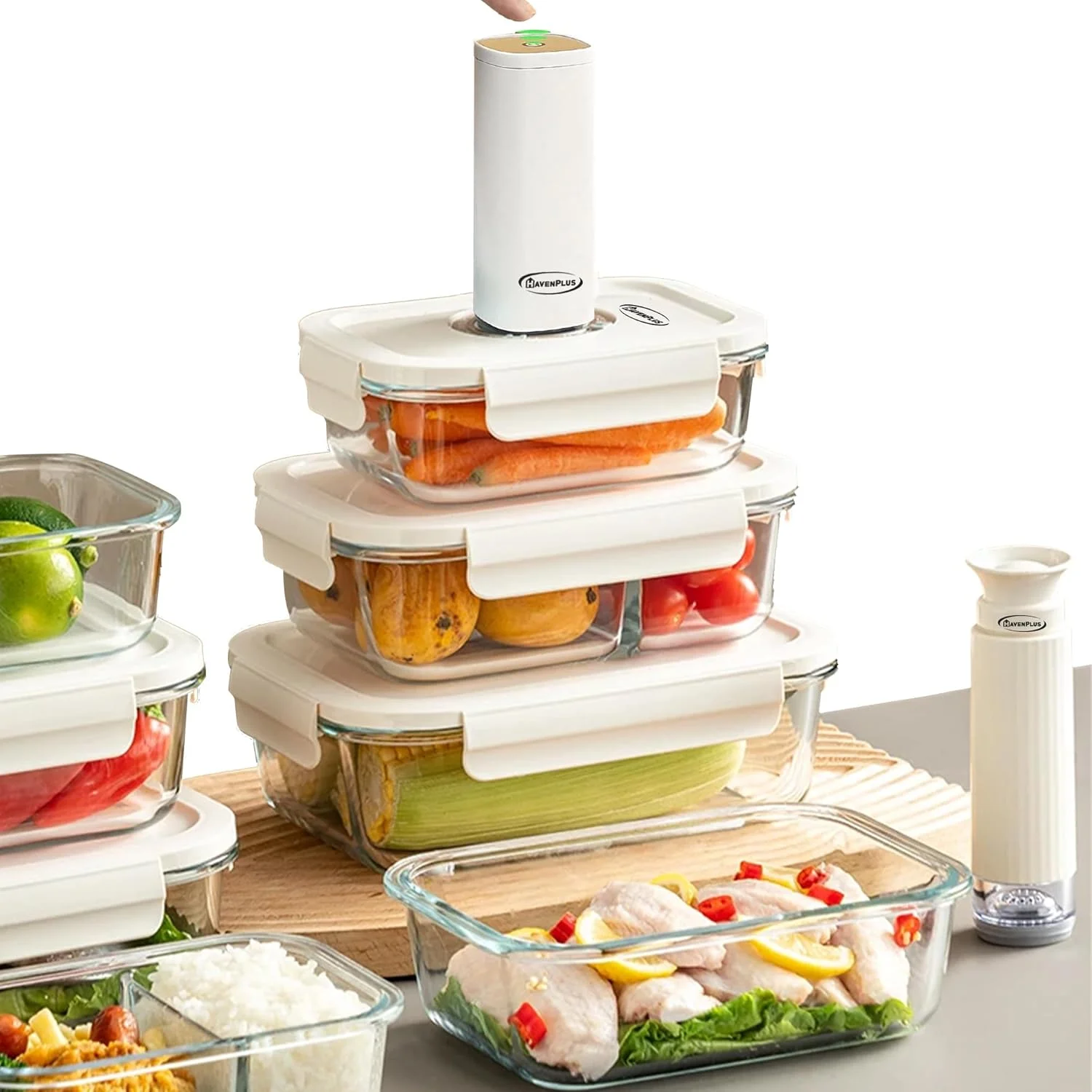 ست ظروف شیشه ای نگهداری مواد غذایی وکیوم HavenPlus با پمپ اتوماتیک و دستی و درب، نشانگر تاریخ داخلی، 3 تکه، فاقد BPA، ضد نشت، نگهداری مواد غذایی تا 4 برابر بیشتر