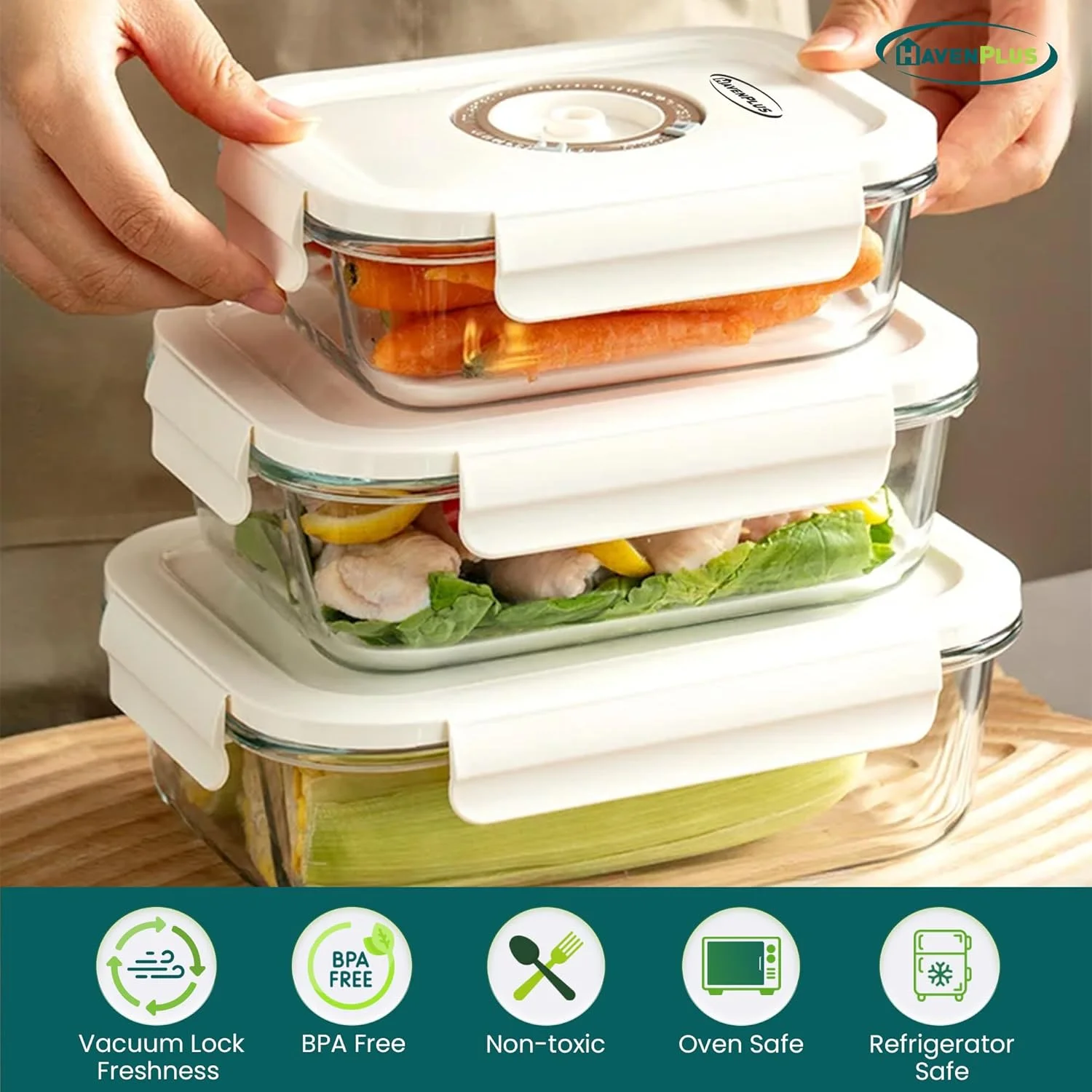 ست ظروف شیشه ای نگهداری مواد غذایی وکیوم HavenPlus با پمپ اتوماتیک و دستی و درب، نشانگر تاریخ داخلی، 3 تکه، فاقد BPA، ضد نشت، نگهداری مواد غذایی تا 4 برابر بیشتر