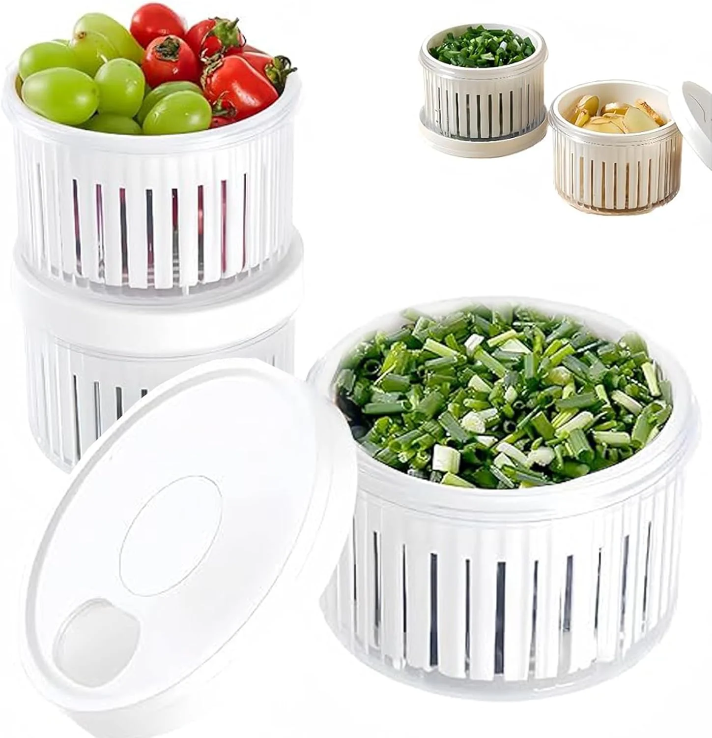 جعبه نگهداری پیاز و سیر HIHIDAY، نگهدارنده سبزیجات، نگهدارنده سالاد یخچال، نگهدارنده سیر، ظروف نگهداری محصولات برای یخچال، ظروف توت (سفید) - 2 عدد