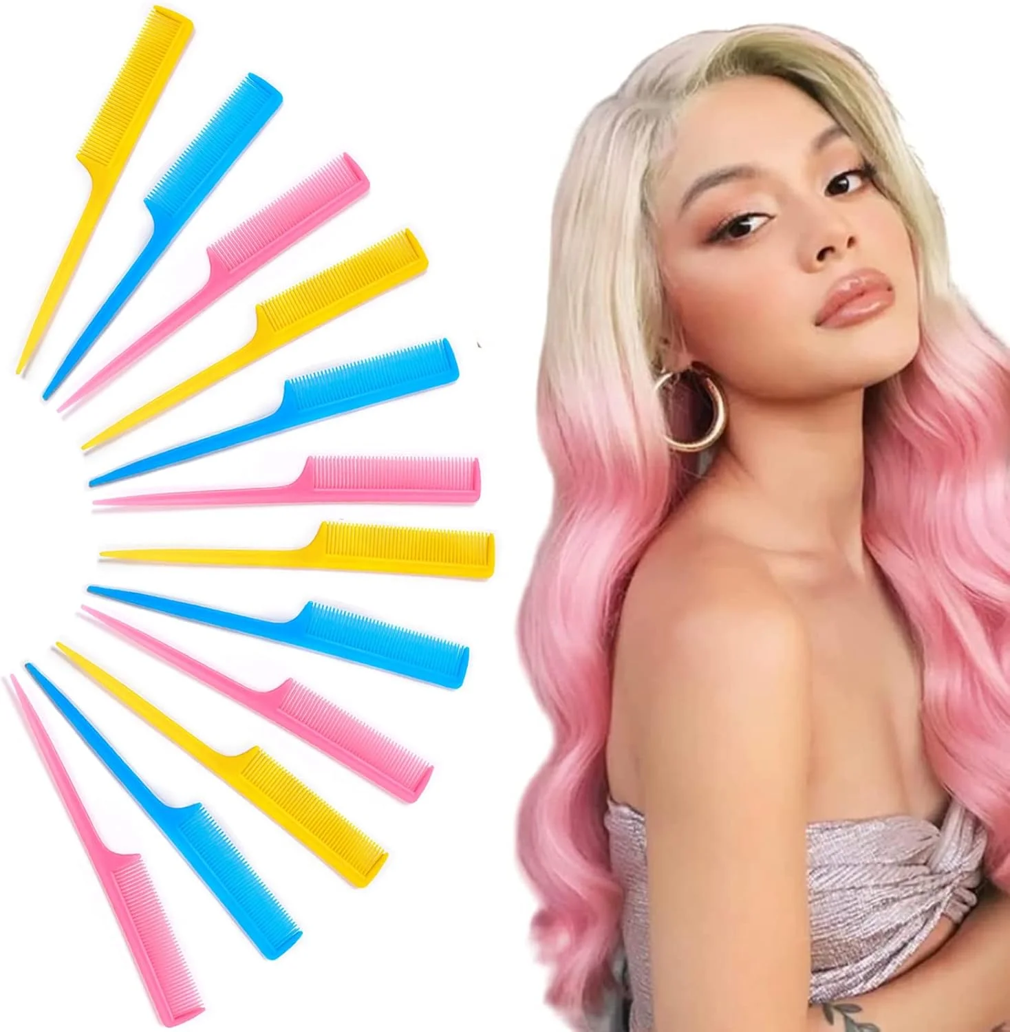 Plastic Rat Tail Comb, Pintail Comb Fiber Teasing Comb Styling Comb with Thin and Long Handle for Men Women Girl Salon Home Supplies