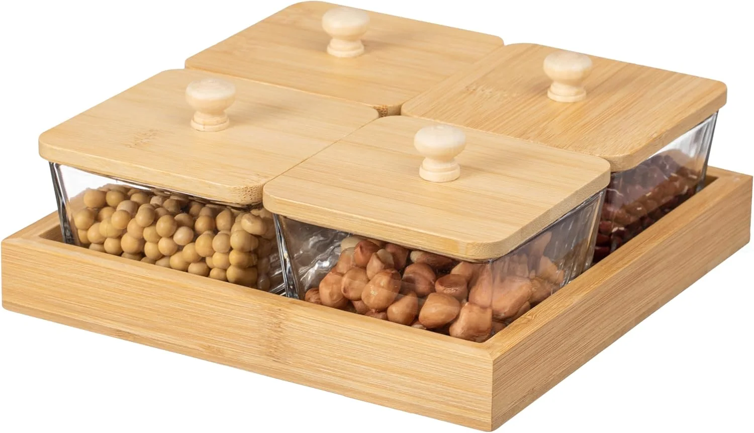 ست 4 تایی ظروف شیشه ای با درب بامبو و سینی چوبی - ظروف نگهداری مربع شکل برای تنقلات، آبنبات، کلوچه، آجیل و میوه - نظم دهنده شیک برای سینی مزه و مهمانی