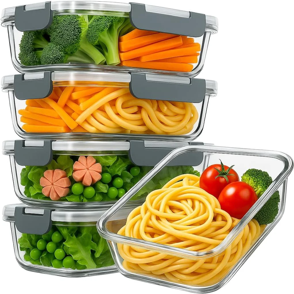 ظروف شیشه ای آماده سازی غذا BITEFULL با درب، بسته 5 عددی - ظروف نگهداری مواد غذایی 1040 میلی لیتری، بدون BPA، جعبه ناهار ضد نشت مناسب مایکروویو، فر، فریزر و ماشین ظرفشویی، ظروف قابل استفاده مجدد برای آماده سازی غذا