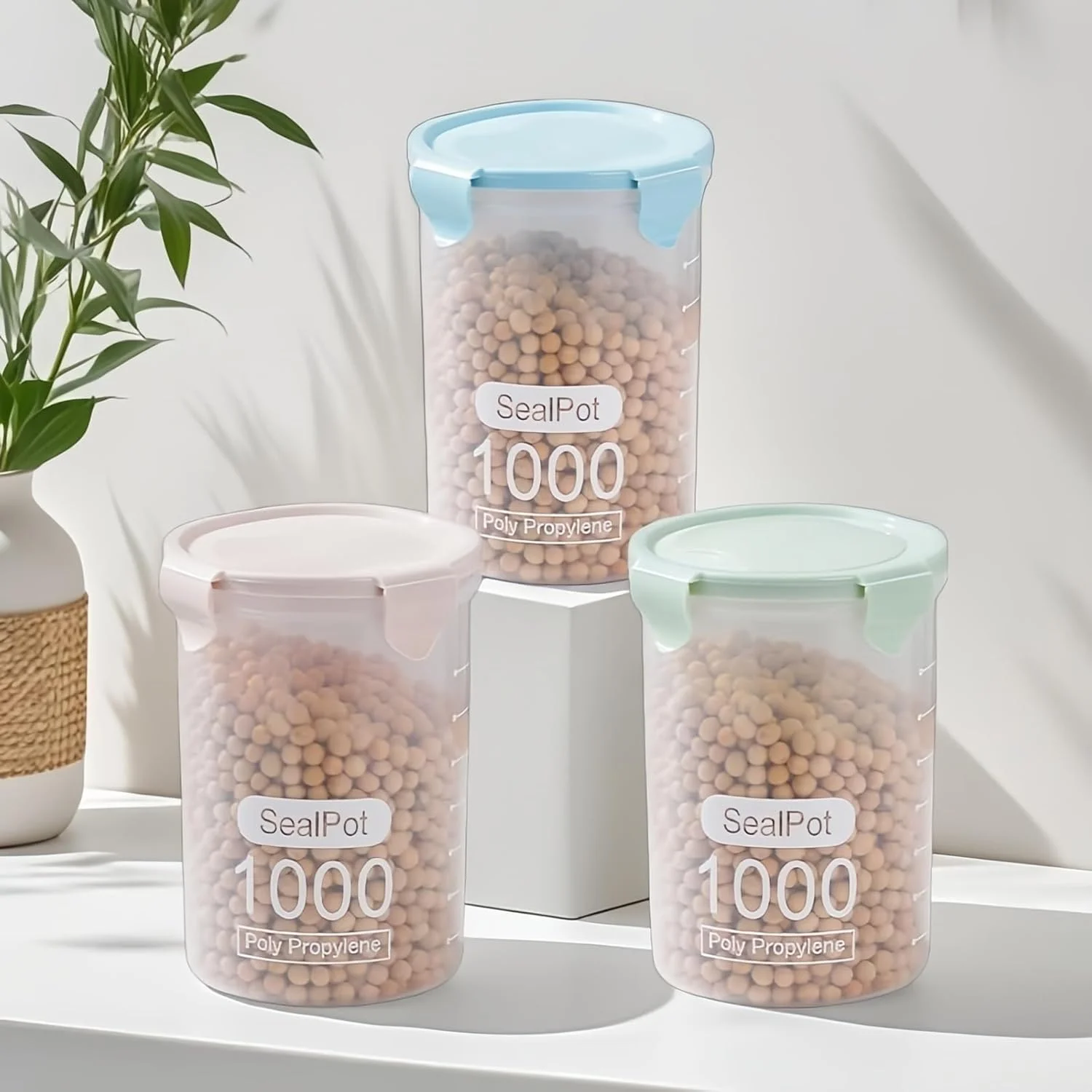 ظروف نگهداری مواد غذایی بزرگ 3 تکه گورگسکید با درب های محکم - پلاستیک درجه مواد غذایی، ظروف آشپزخانه برای ادویه جات، قهوه، چای، تنقلات و سازماندهی انبار