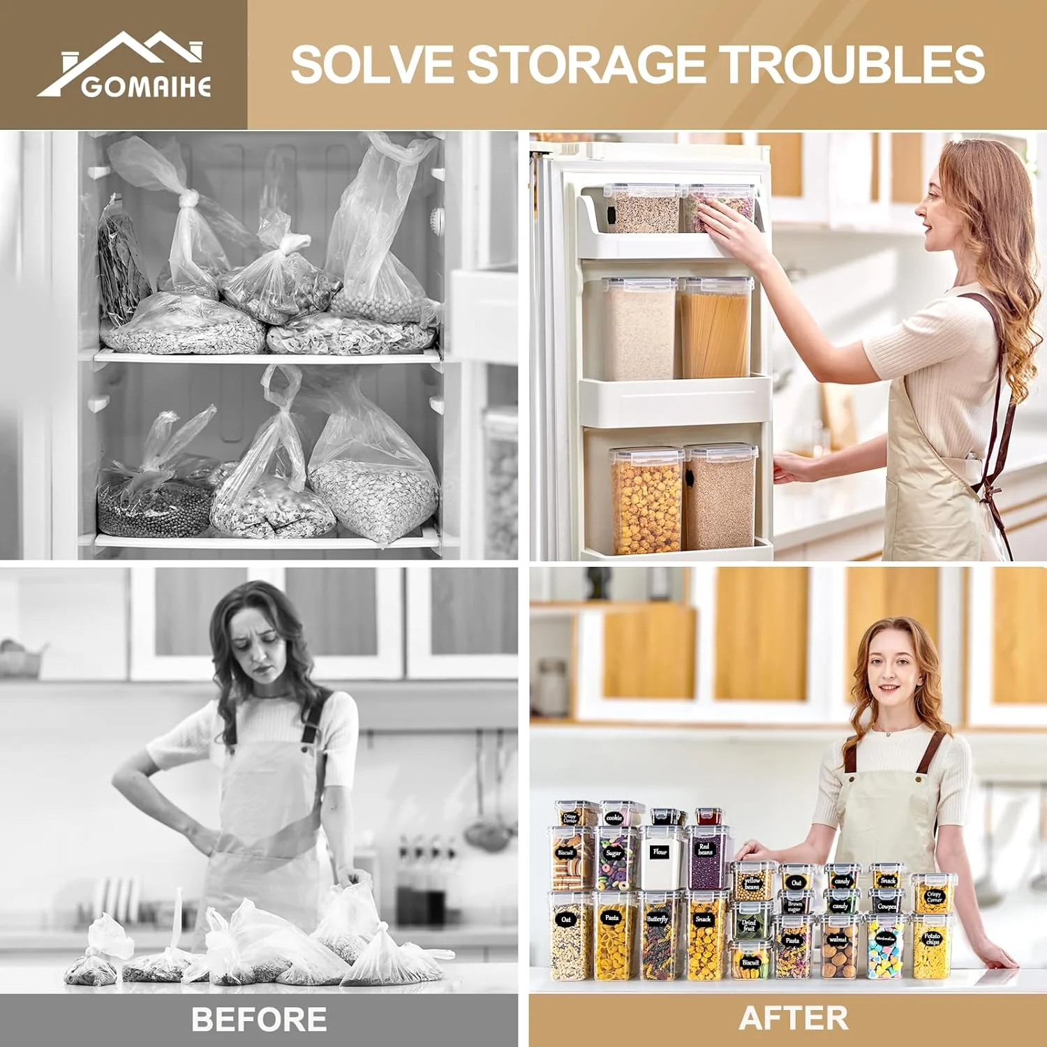 ظروف نگهداری مواد غذایی 28 تکه GoMaihe با درب های محکم، ست ظروف و نگهداری آشپزخانه برای غلات، آرد، برنج، اسپاگتی، آجیل و شکر