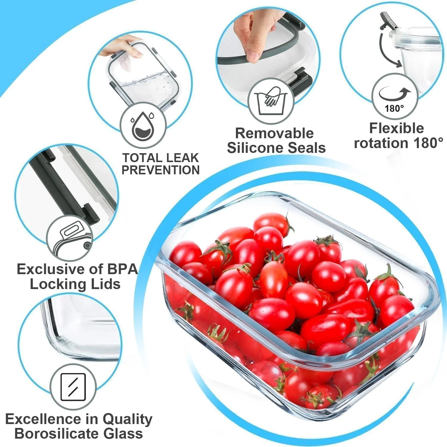 ظروف شیشه ای آماده سازی غذا BITEFULL با درب، بسته 5 عددی - ظروف نگهداری مواد غذایی 1040 میلی لیتری، بدون BPA، جعبه ناهار ضد نشت مناسب مایکروویو، فر، فریزر و ماشین ظرفشویی، ظروف قابل استفاده مجدد برای آماده سازی غذا