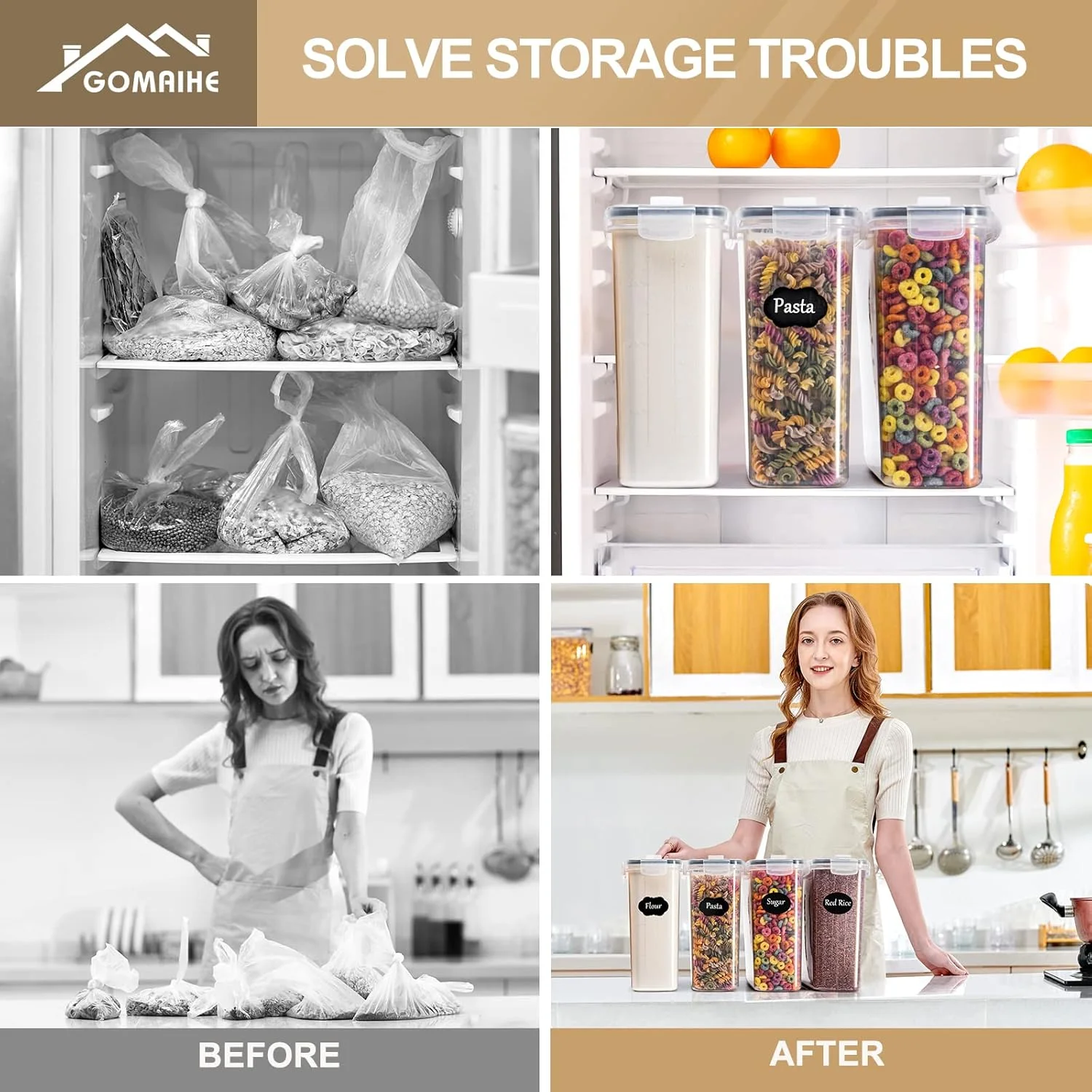 ست ظروف نگهداری غلات 4 لیتری GoMaihe، ظروف بزرگ نگهداری مواد غذایی [ست 4 عددی] ظرف نگهداری مواد غذایی بزرگ و ضد هوا، ضد نشت و بدون BPA، مناسب برای غلات، آرد، شکر، لوازم پخت
