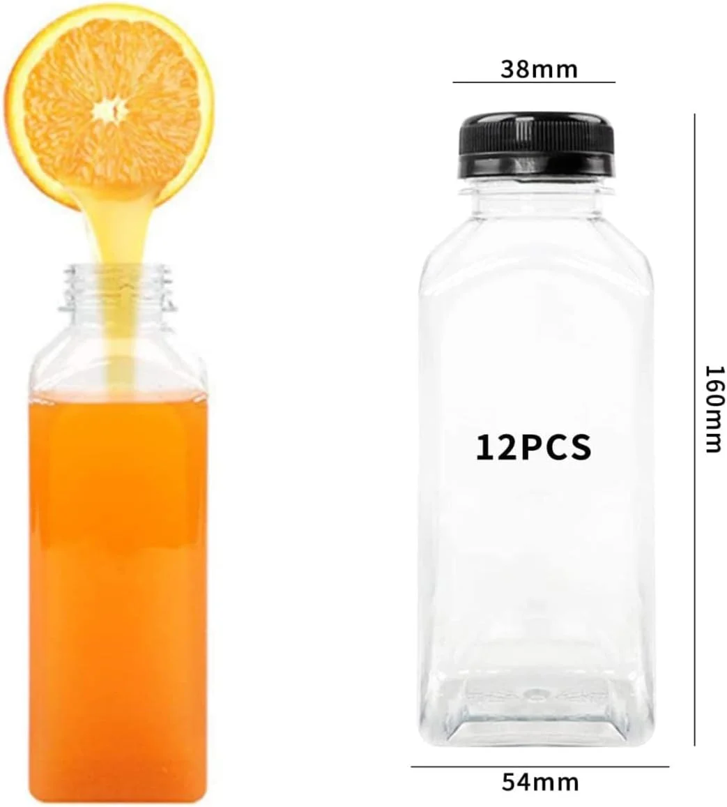 بطری آبمیوه پلاستیکی FUFU، 12 عدد، 350 میلی لیتر، بطری های پلاستیکی شفاف خالی با درب های مشکی پلمپ دار برای آبمیوه گیری، اسموتی و سایر نوشیدنی ها