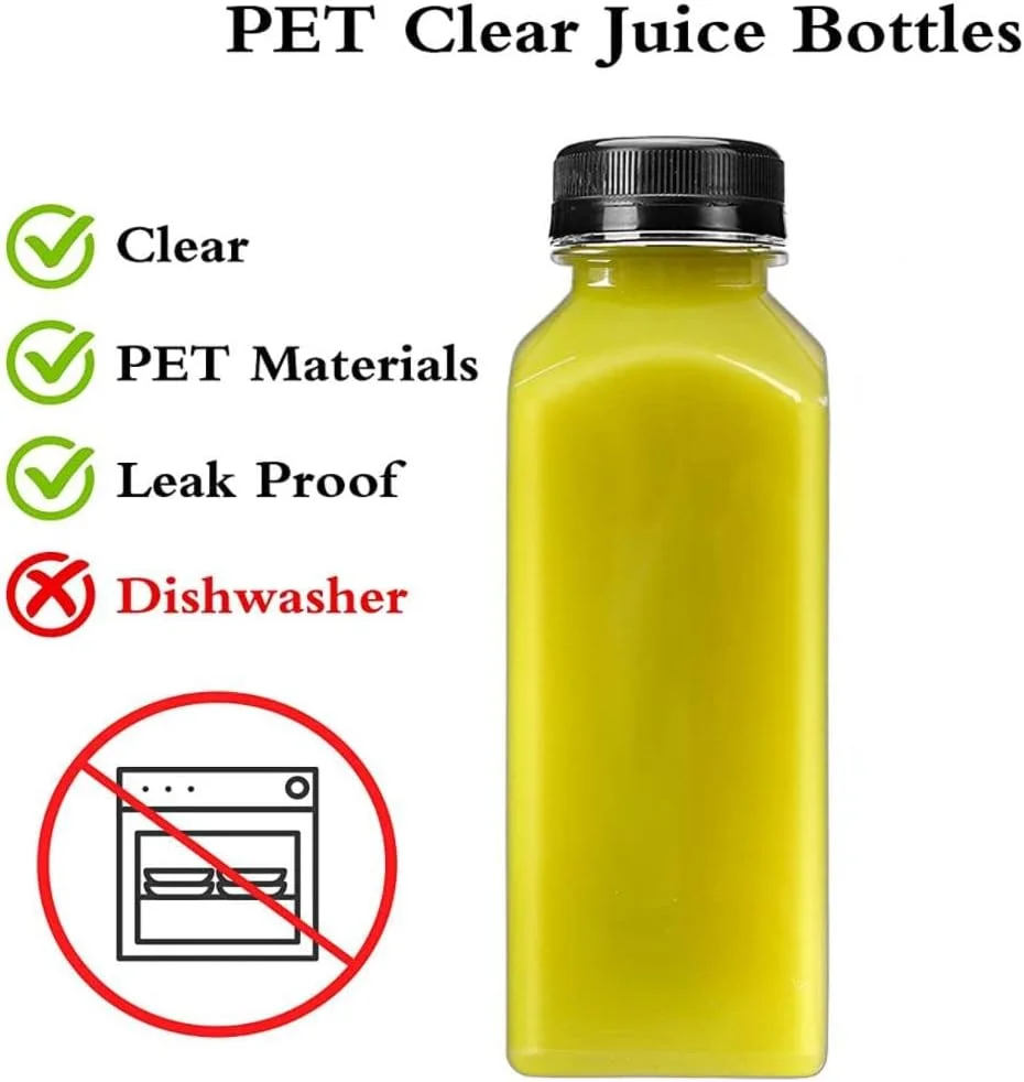 بطری آبمیوه پلاستیکی FUFU، 12 عدد، 350 میلی لیتر، بطری های پلاستیکی شفاف خالی با درب های مشکی پلمپ دار برای آبمیوه گیری، اسموتی و سایر نوشیدنی ها