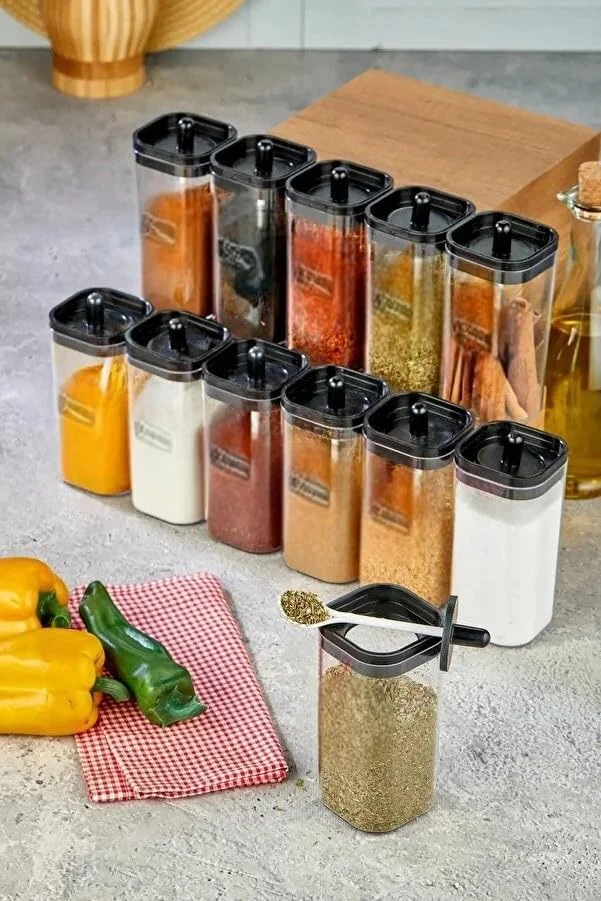 ست 12 عددی ظروف شیشه ای مینیمالیستی 300 میلی لیتری برای نگهداری مواد غذایی - مشکی/شفاف به همراه قاشق