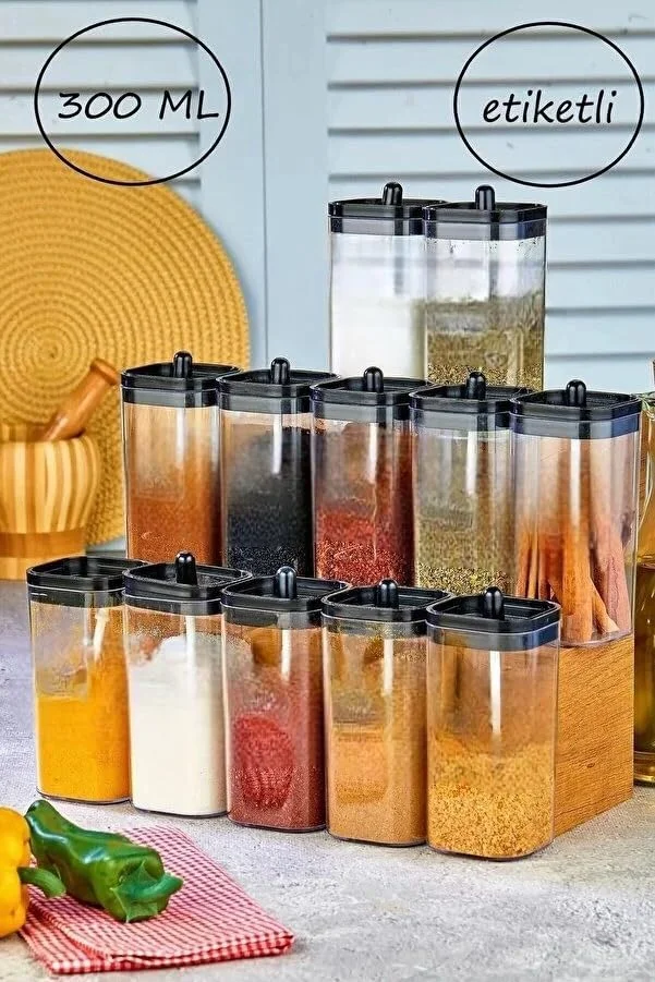 ست 12 عددی ظروف شیشه ای مینیمالیستی 300 میلی لیتری برای نگهداری مواد غذایی - مشکی/شفاف به همراه قاشق