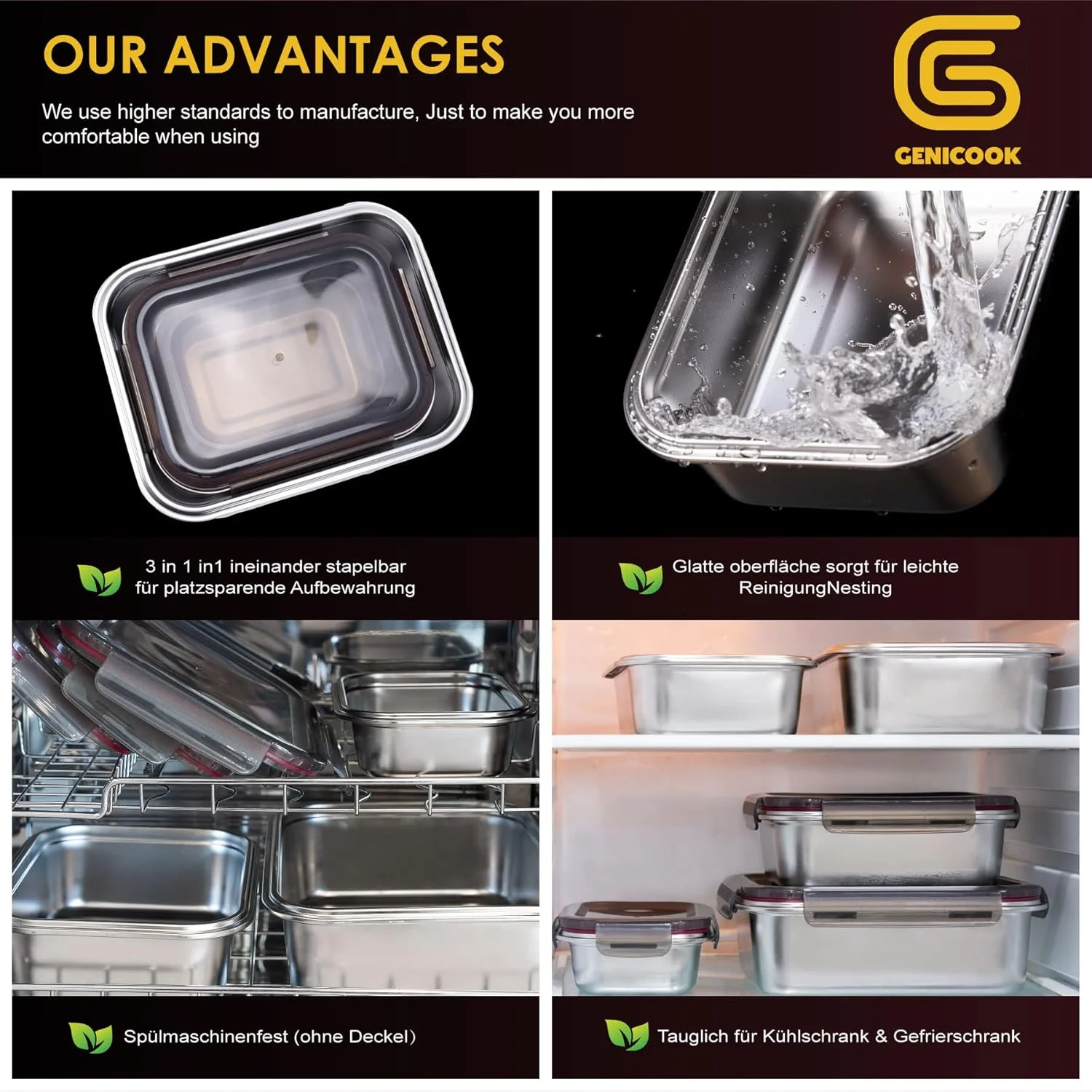 ظروف نگهداری مواد غذایی استیل GENICOOK / جعبه Lynx با درب محکم هوا مجموعه 3 عددی / ظرف نگهداری آماده سازی غذا ظرف غذا برای آشپزخانه