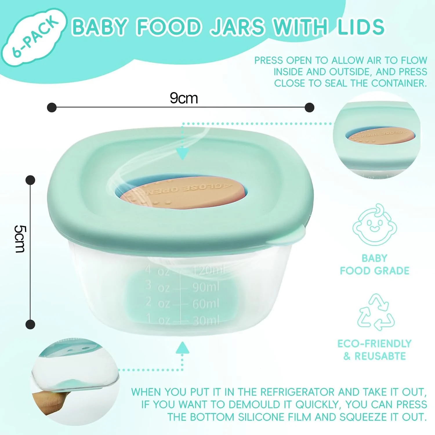 ظروف غذای کودک، بسته 8 عددی ظروف نگهداری غذا 120 میلی لیتری با درب، ظروف میان وعده قابل استفاده مجدد و ضد نشت، قابل استفاده در فریزر، مایکروویو و ماشین ظرفشویی، مناسب برای مهد کودک ها، مدارس و مسافرت