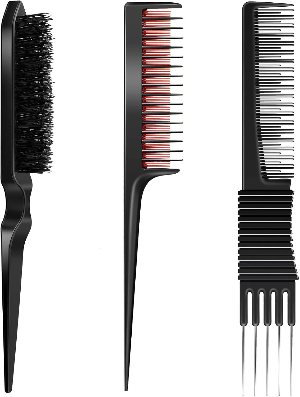 مجموعه شانه پوش دهنده مو Patelai شامل 3 عدد شانه پوش، شانه پوش مشکی کربنی با دندانه فلزی، شانه دم موشی سه پین، برس شانه مو با موهای نایلونی برای خانم ها (مشکی و قرمز)